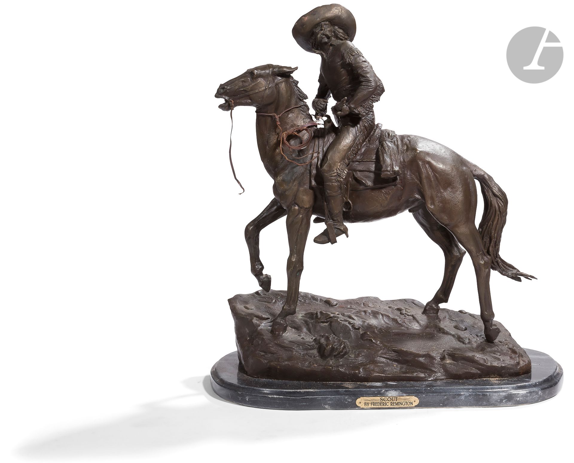 Null Frederic REMINGTON, after. 
The ScoutLarge
patinated bronze subject marked &hellip;