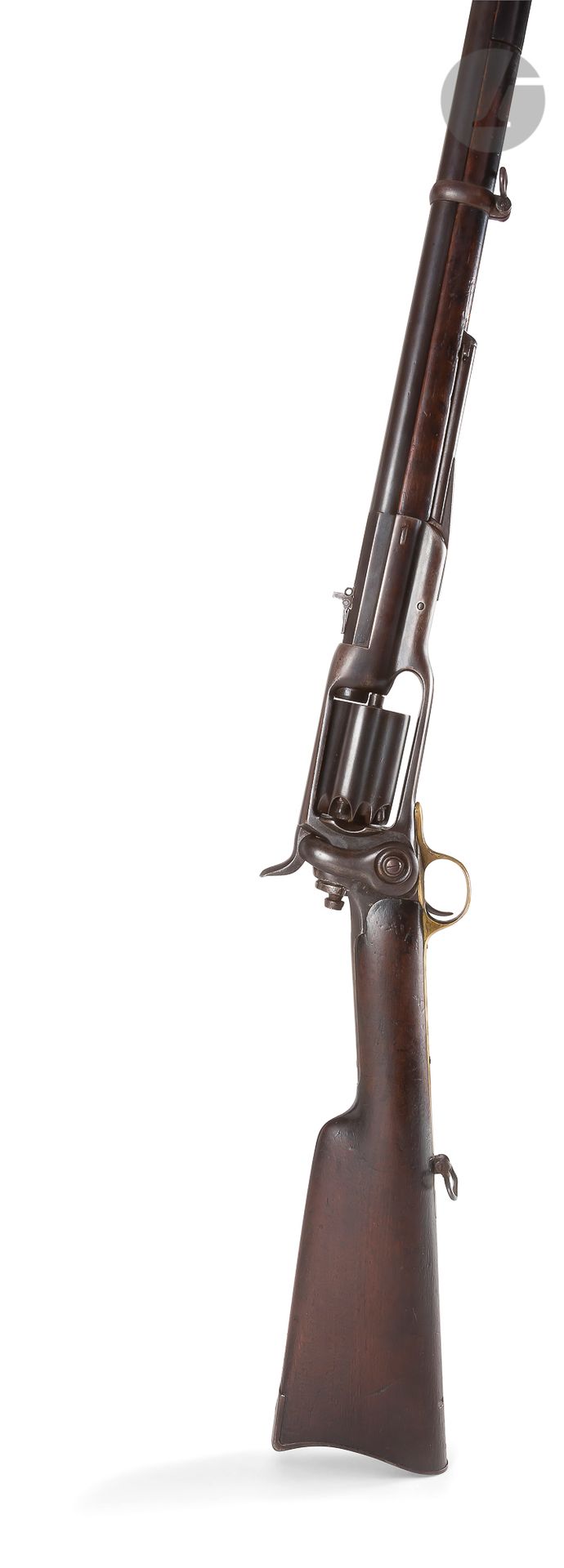Null 罕见的Colt左轮步枪1855型，五发，口径56。
79厘米的圆桶，带雷管，前甲板的蛙人。封闭式框架，顶部印有 "COL COLT HARTFORD &hellip;
