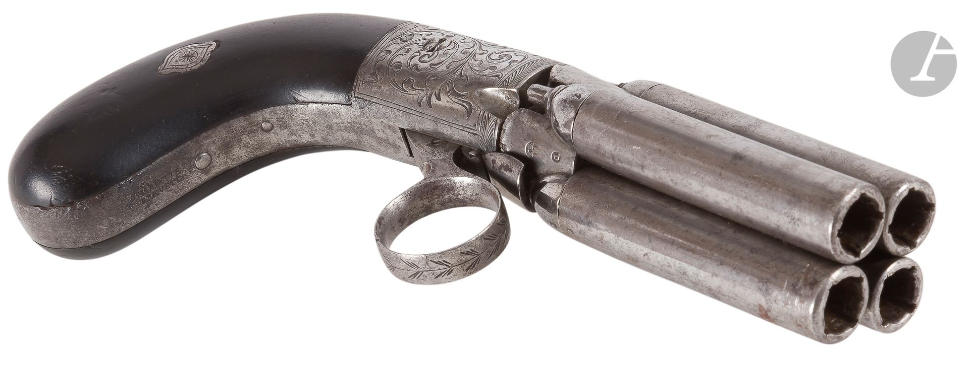 Null Mariette pepperbox revolver, four-shot percussion, 9 mm calibre 
. Engraved&hellip;