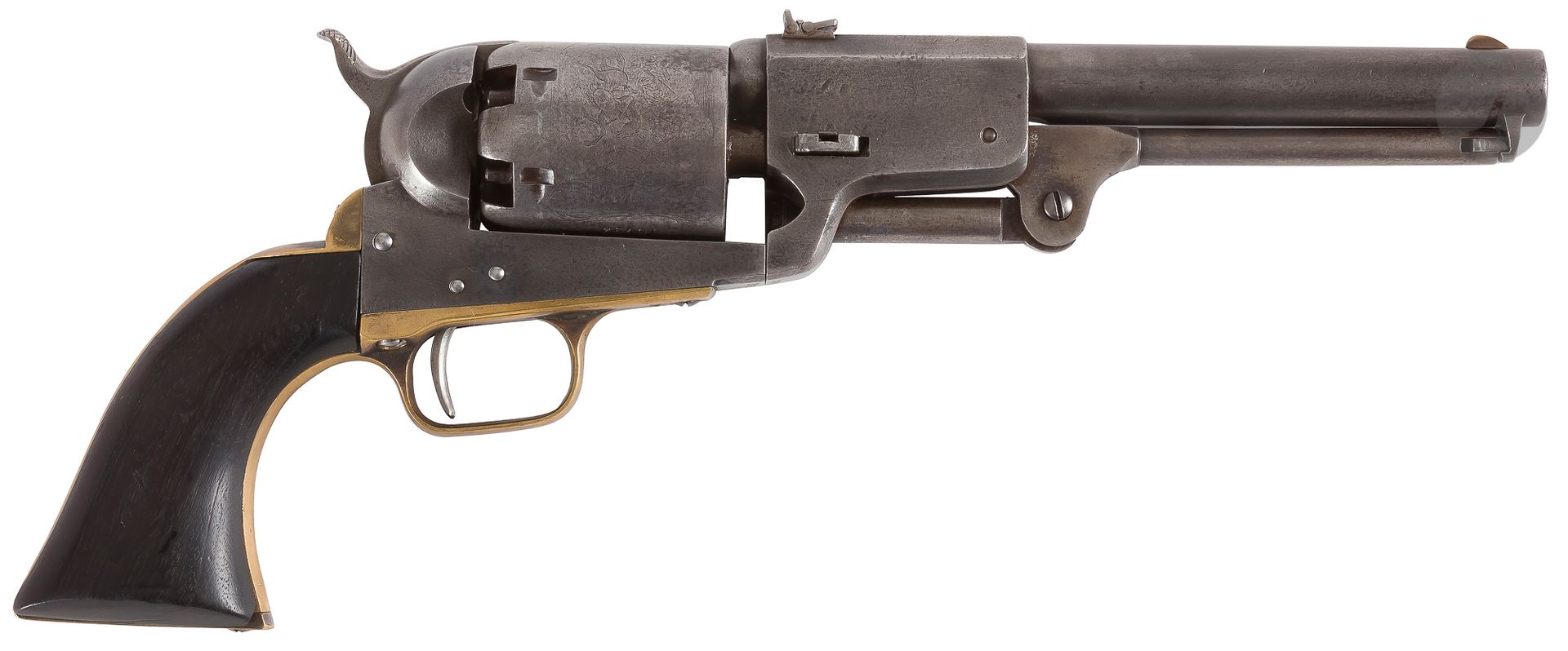 Null Colt Dragoon左轮手枪，第三型号，六发，.44口径，单发。
圆形桶，边长为18.8厘米。雷鸣般的标记 "ADDRESS SAMl COLT &hellip;