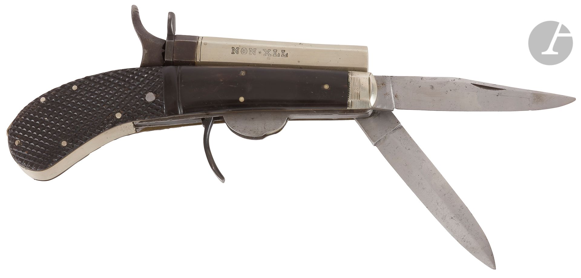 Null 罗杰斯 "口袋刀手枪，双折刀，单发，
6毫米环形火力，拔枪
。

青铜凹槽枪管，左边标有 "Non XLL"，右边标有 "Unwin & Rodger&hellip;