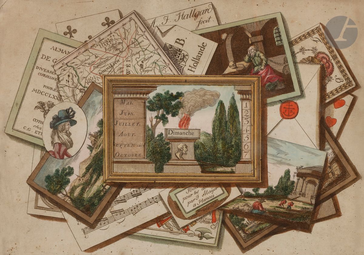 Null A. F. Hallgard (tätig um 1780) 
Trompe-l'oeil mit ewigem Kalender. Radierun&hellip;