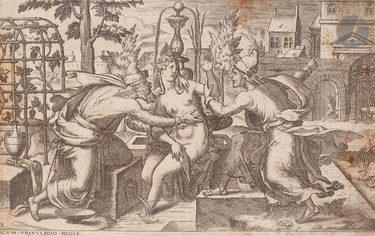 Null 埃蒂安-德劳内（约1518-约1576）
苏珊娜和两位老人。布林。172 x 110. I.F.F., Robert-Dumesnil 60.在薄纸上&hellip;
