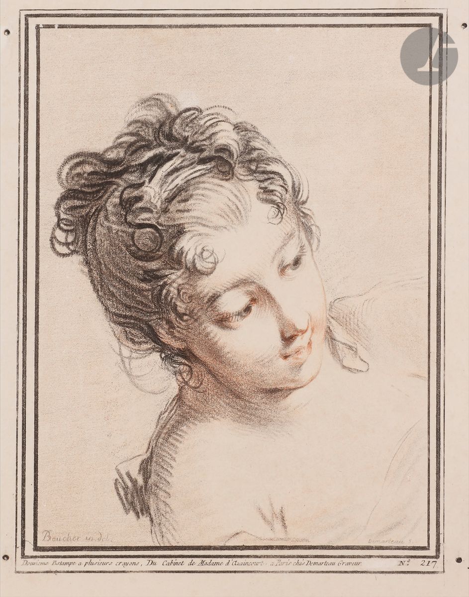 Null 吉勒-德马尔托（1729-1776），
女人头像。铅笔方式的雕刻，仿照布歇。175 x 232.莱马利217。以彩色印刷。铺装纸上非常漂亮的证明。对开&hellip;