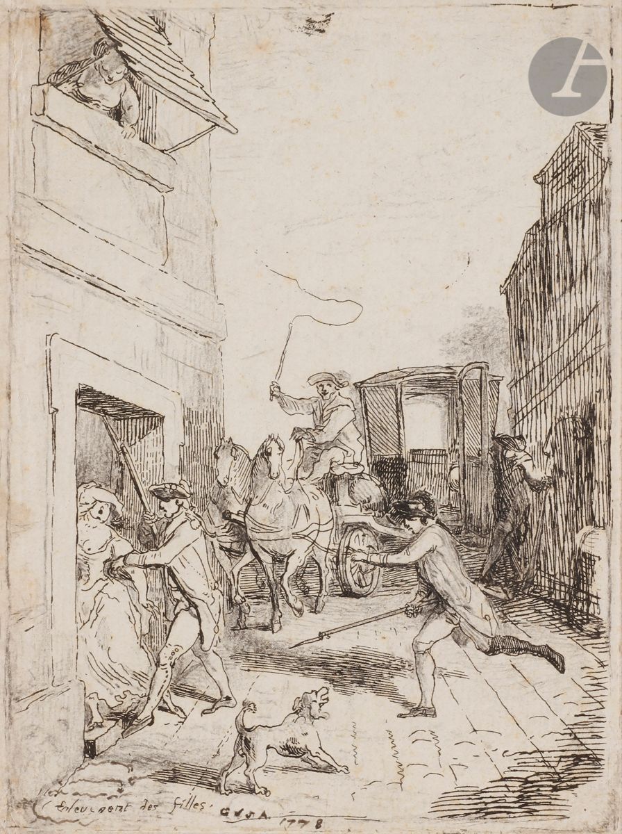 Null 加布里埃尔-德-圣奥宾（1724-1780）
《女孩的绑架》。1778.蚀刻版画。135 x 181。一张非常精美且极为罕见的样张，印在坚固的平纹纸上&hellip;