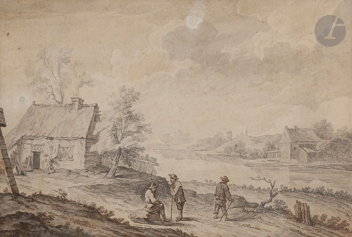 Null École du NORD du XVIIIe siècle 
Paysage fluvial animé
Encre brune et grise,&hellip;
