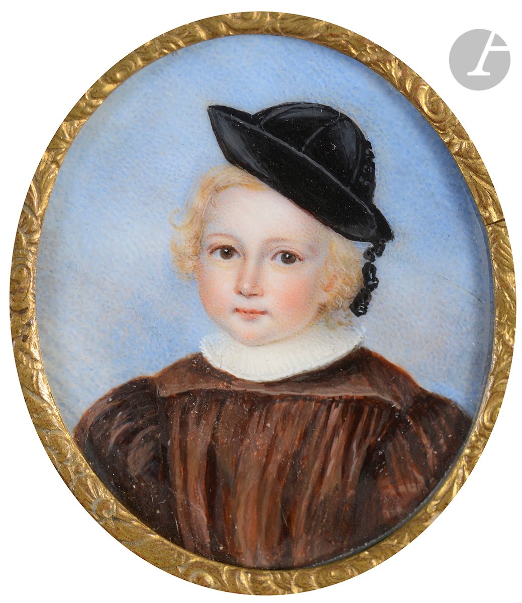 Null École FRANÇAISE, vers 1820
Tête d’enfant blond dans des nuages
Miniature su&hellip;