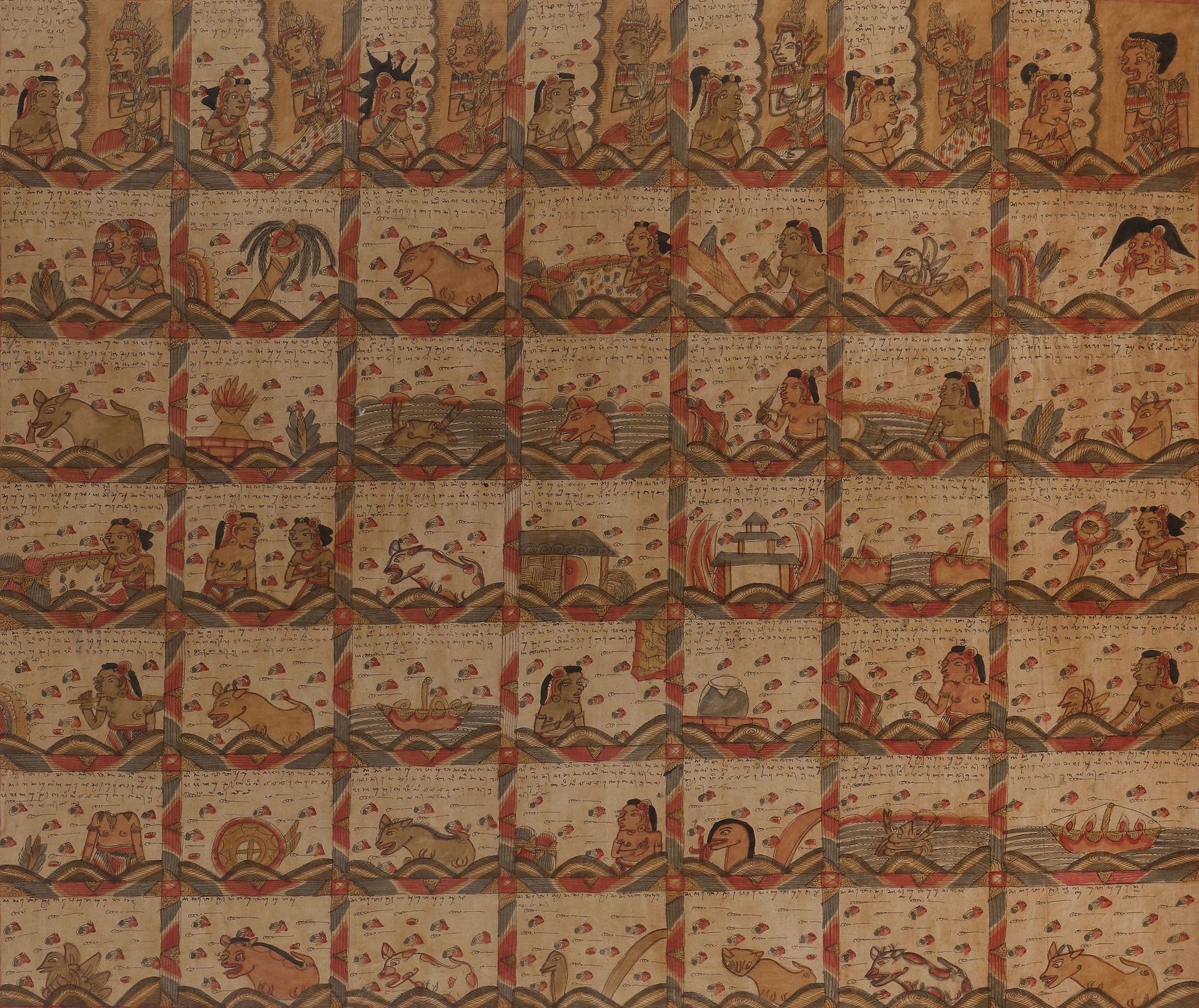 Null Palelintangan（占星历），巴厘岛，20世纪
纺织品上的绘画，分为49个部分，包含神、灵、动物和各种符号的表现，并附有印尼文字
。
 
12&hellip;