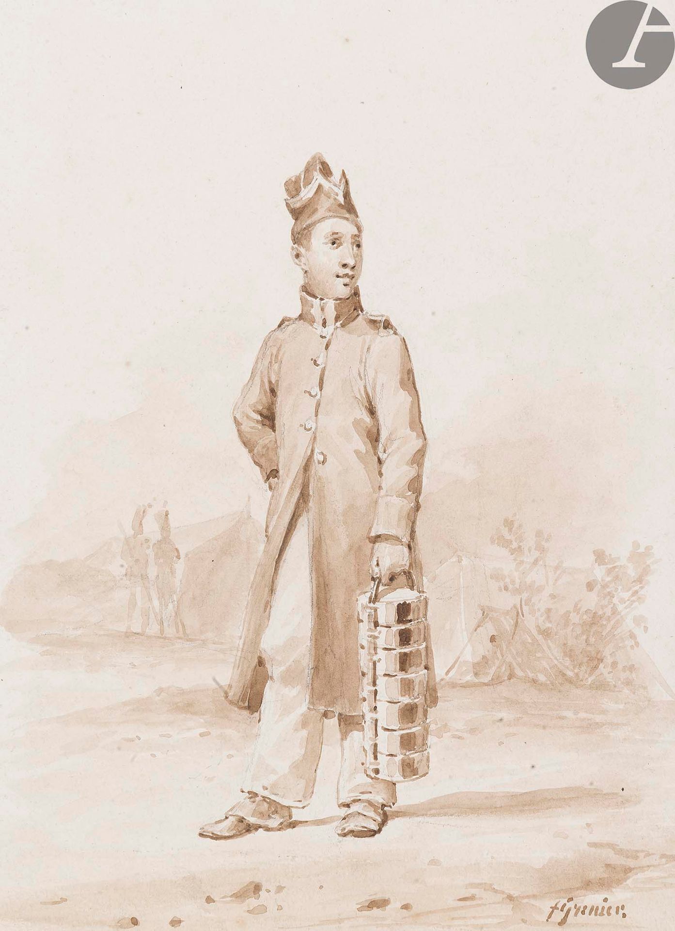 Null Francois GRENIER (1793-1867
)穿着军装的步兵，约
1820年

水墨画，

右下方有签名

。

 
17 x 12 cm&hellip;