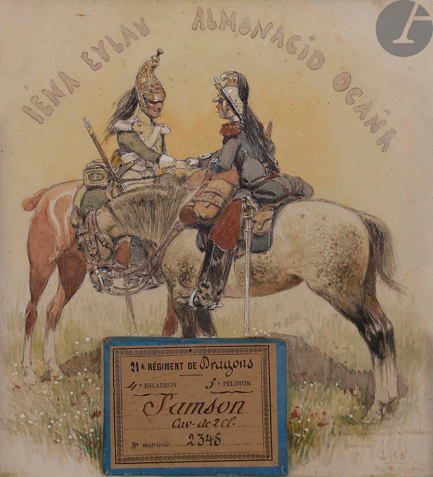 Null 莱昂-瓦莱特（Léon VALLET）。(19世纪末的法国学派）。)
第21条龙：1886年的骑手向他1806年的前辈致敬水彩
和水粉的亮点，签名并献&hellip;