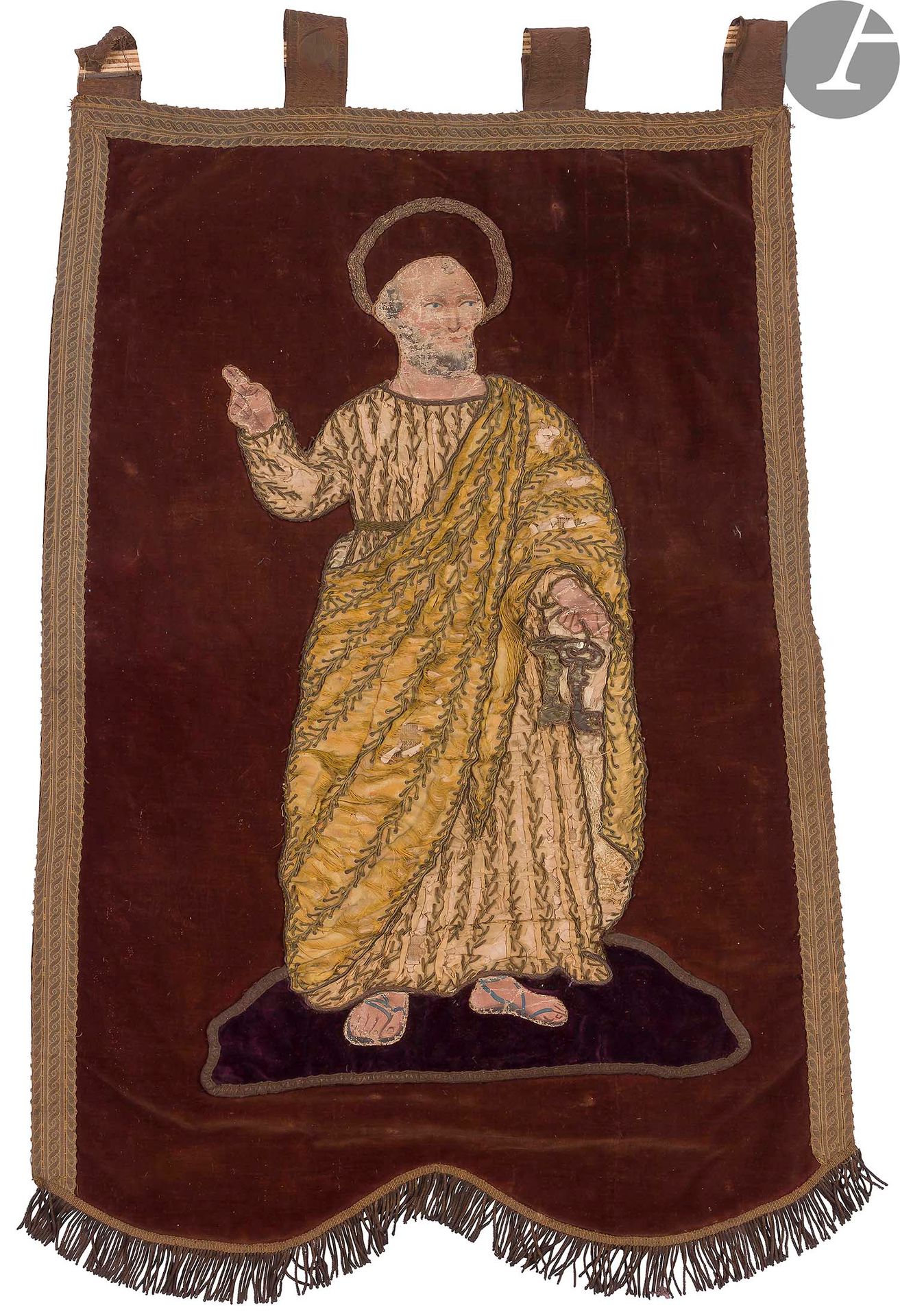 Null 装饰性旗帜
棕色天鹅绒，内衬帆布，绣有圣彼得手持钥匙的肖像，边上有通花辫和流苏
。
 
多彩的脸和脚。
80 x 58 厘米
。(穿)。19世纪。