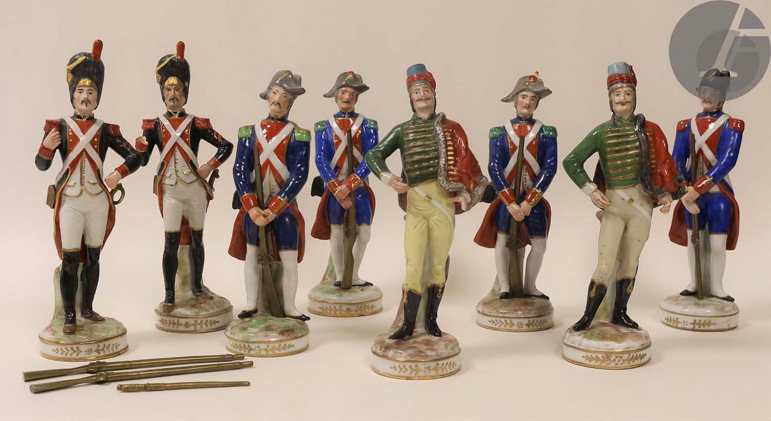 Null Set of eight polychrome porcelain of Paris subjects representing military f&hellip;