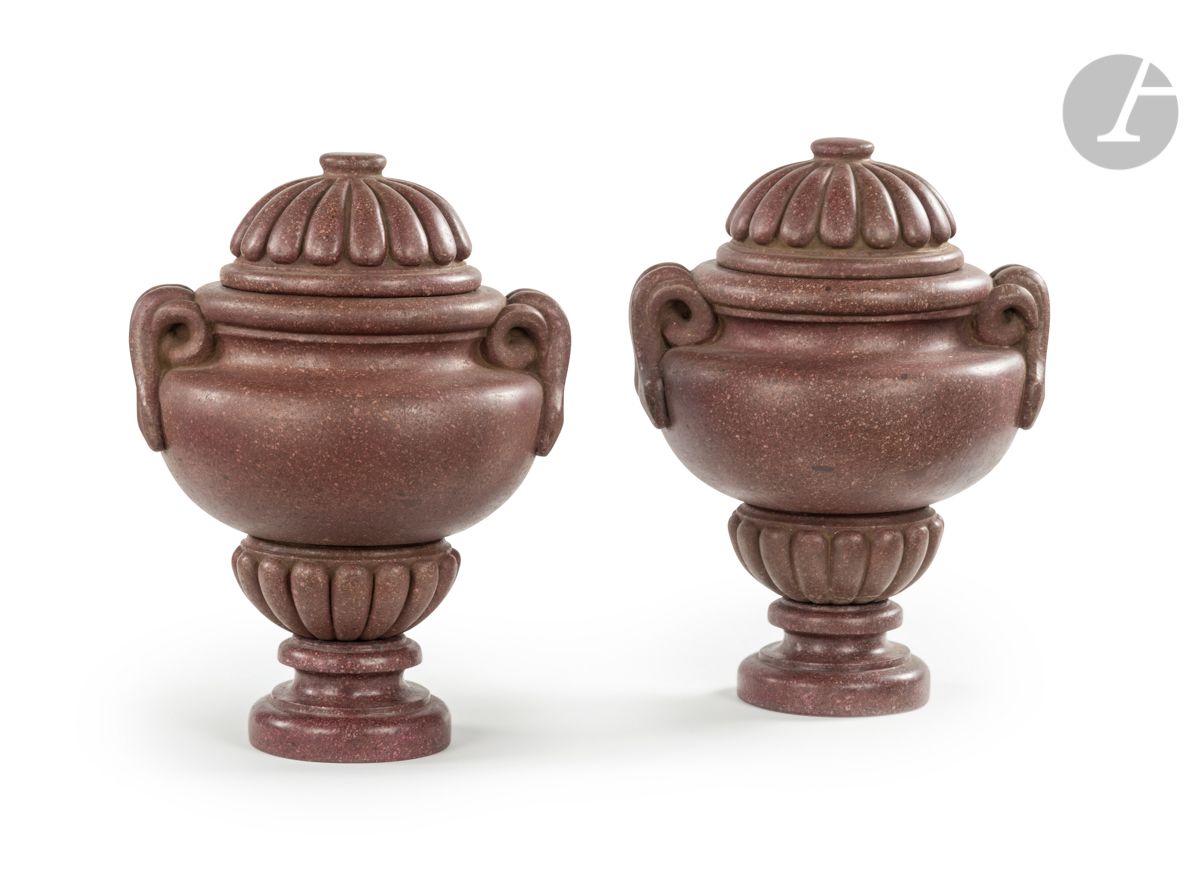 Null A pair of porphyry vases with snake handles, decorated with gadroons, resti&hellip;