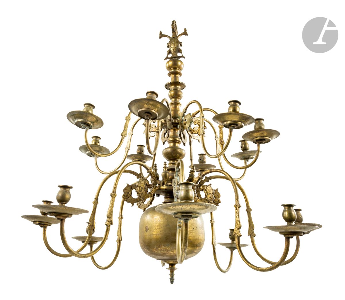 Null A varnished brass chandelier with sixteen lights on two rows, decorated wit&hellip;