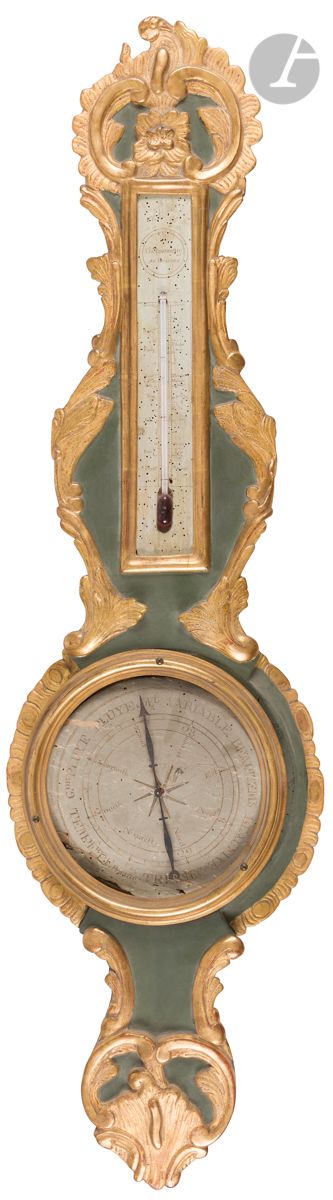 Null Barometer mit Thermometer aus bemaltem und vergoldetem Holz, bewegte Form m&hellip;