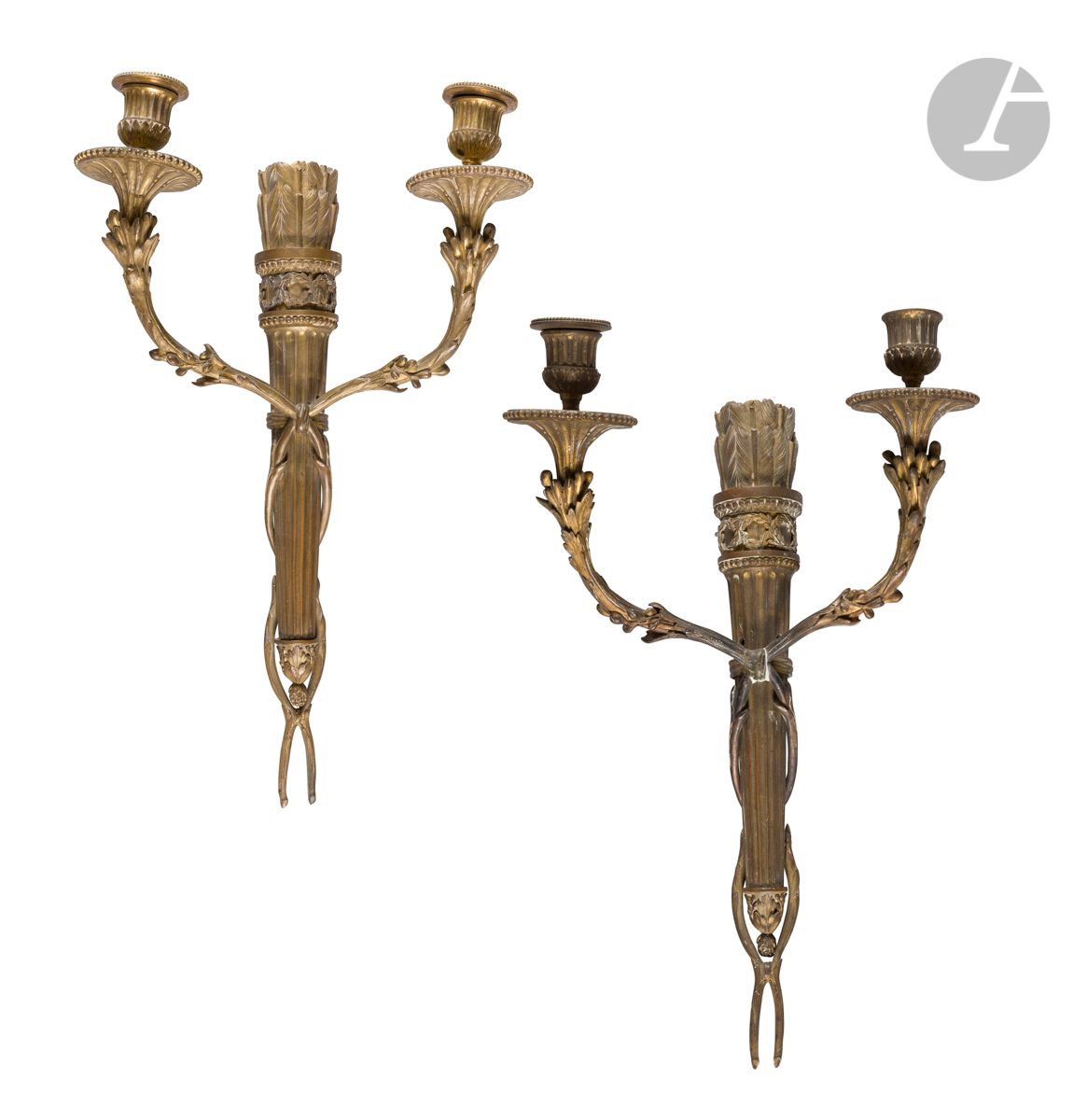 Null A pair of gilt bronze two-light sconces with quivers; (accidents and missin&hellip;