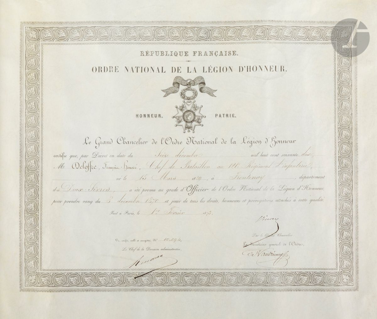Null Deux diplômes de la Légion d’honneur sur parchemin au nom de « Delorme Fran&hellip;