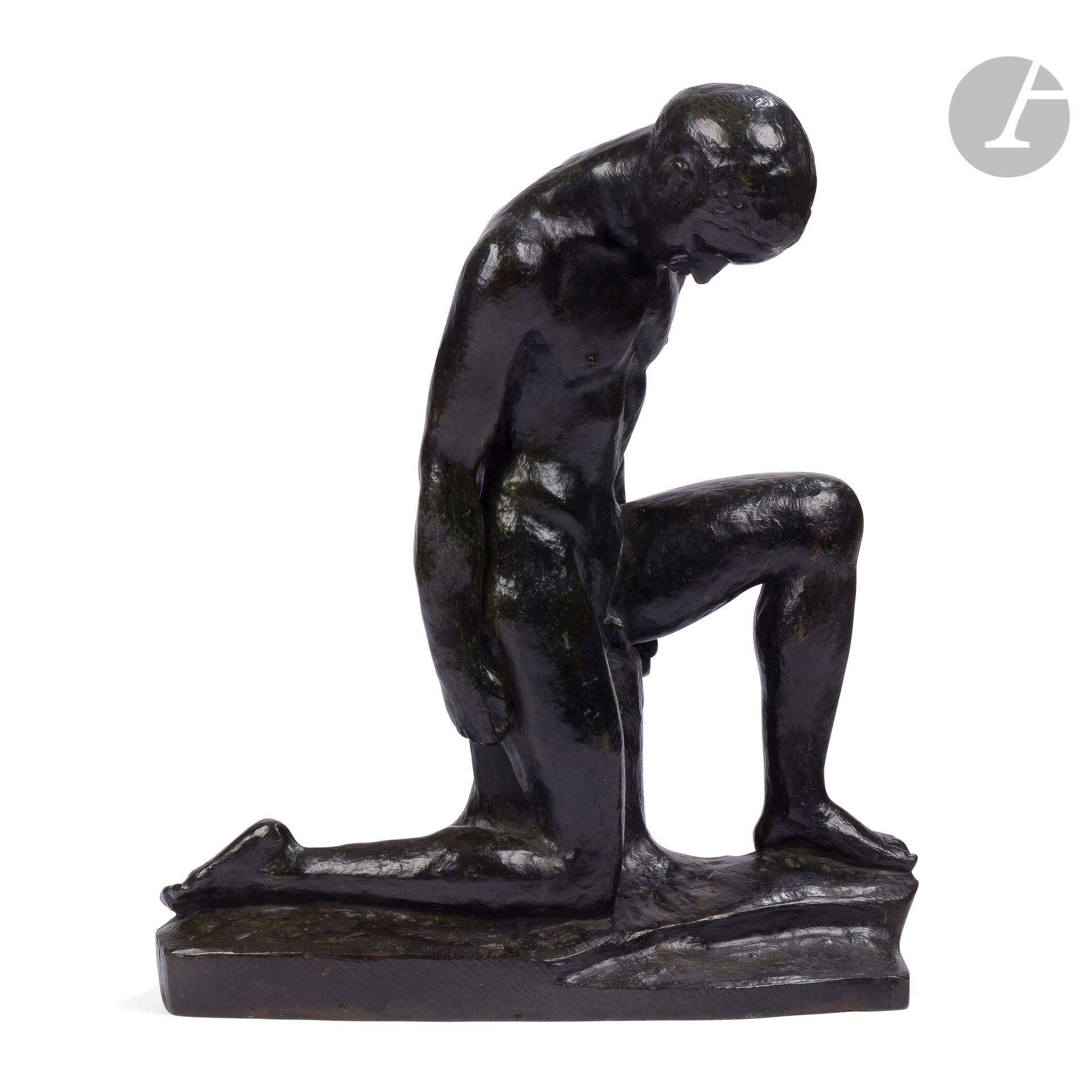 Null LOUIS DEJEAN (1872-1953
)男性裸体，单膝下跪雕塑
。
黑色古铜色的证明。
从早期版本铸造。
在土墩的背面签有Louis DEJ&hellip;