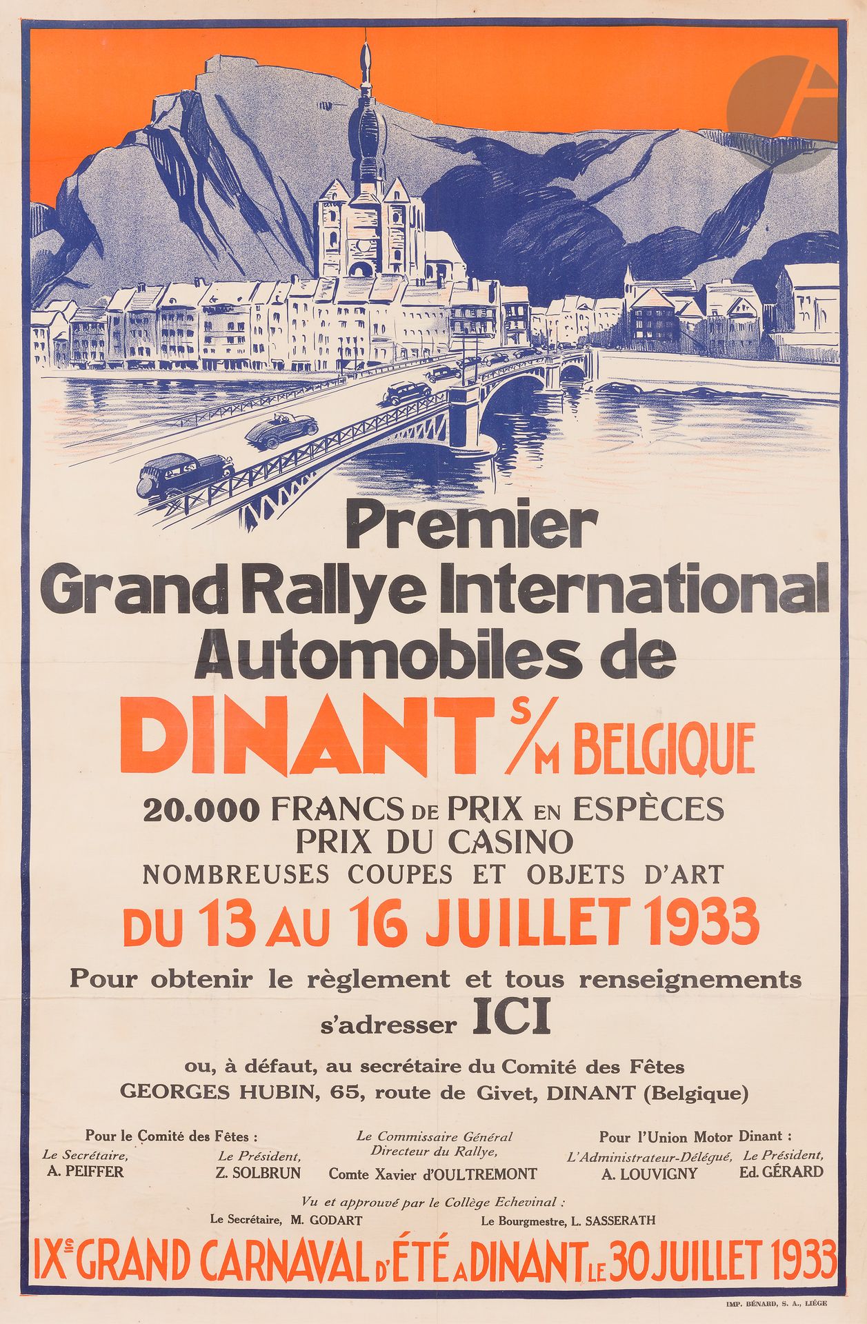 Null 
1933年7月13日至16日在迪南特
举行的第一届
国际汽车大集结的铬版画
。用布包着。
Bénard出版社，Liège，
状况良好
92 x 62&hellip;