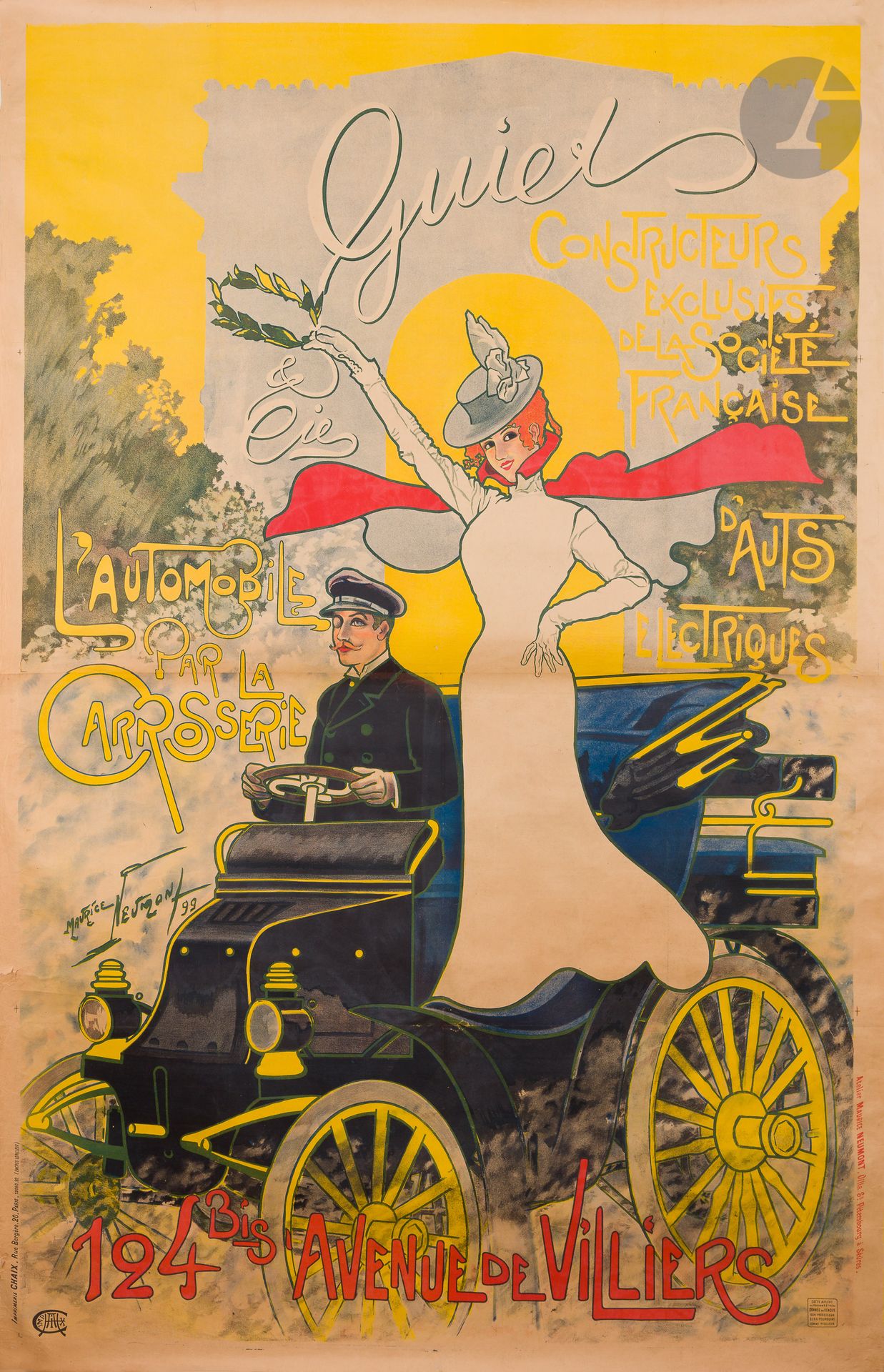 Null Maurice NEUMONT (1868-1930
)Guiet and Cie，法国电动汽车公司在巴黎的独家生产商，1899年铬版画
。用布包着。&hellip;