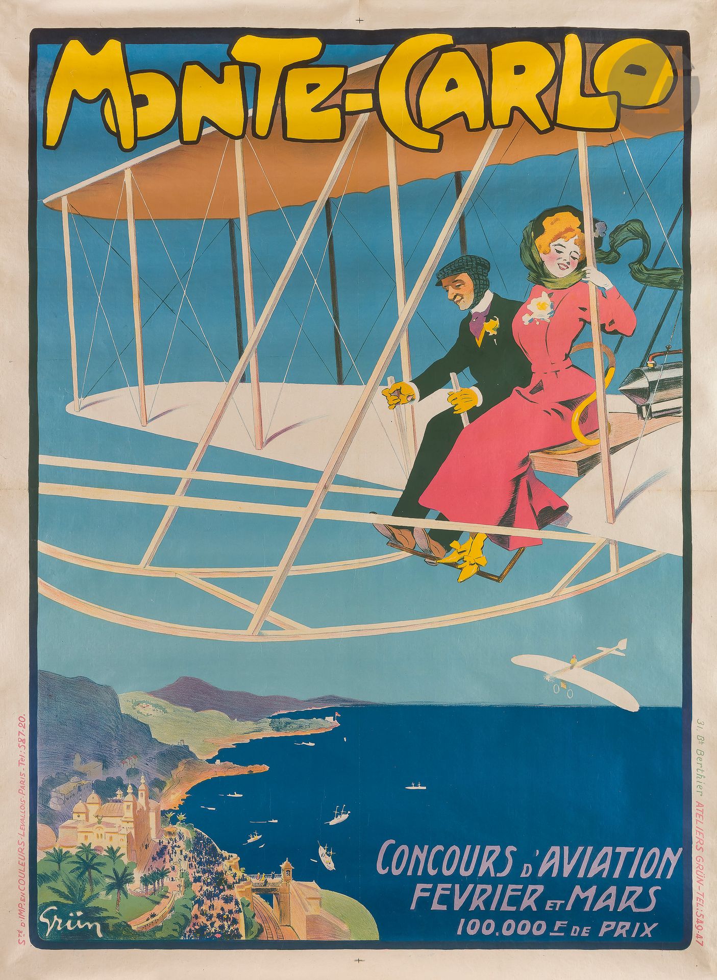 Null Jules Alexandre GRÜN (1868-1934
)蒙特卡洛，航空竞赛，1909年2月至3月铬版画
。用布包着。
彩色印刷品，巴黎，Le&hellip;