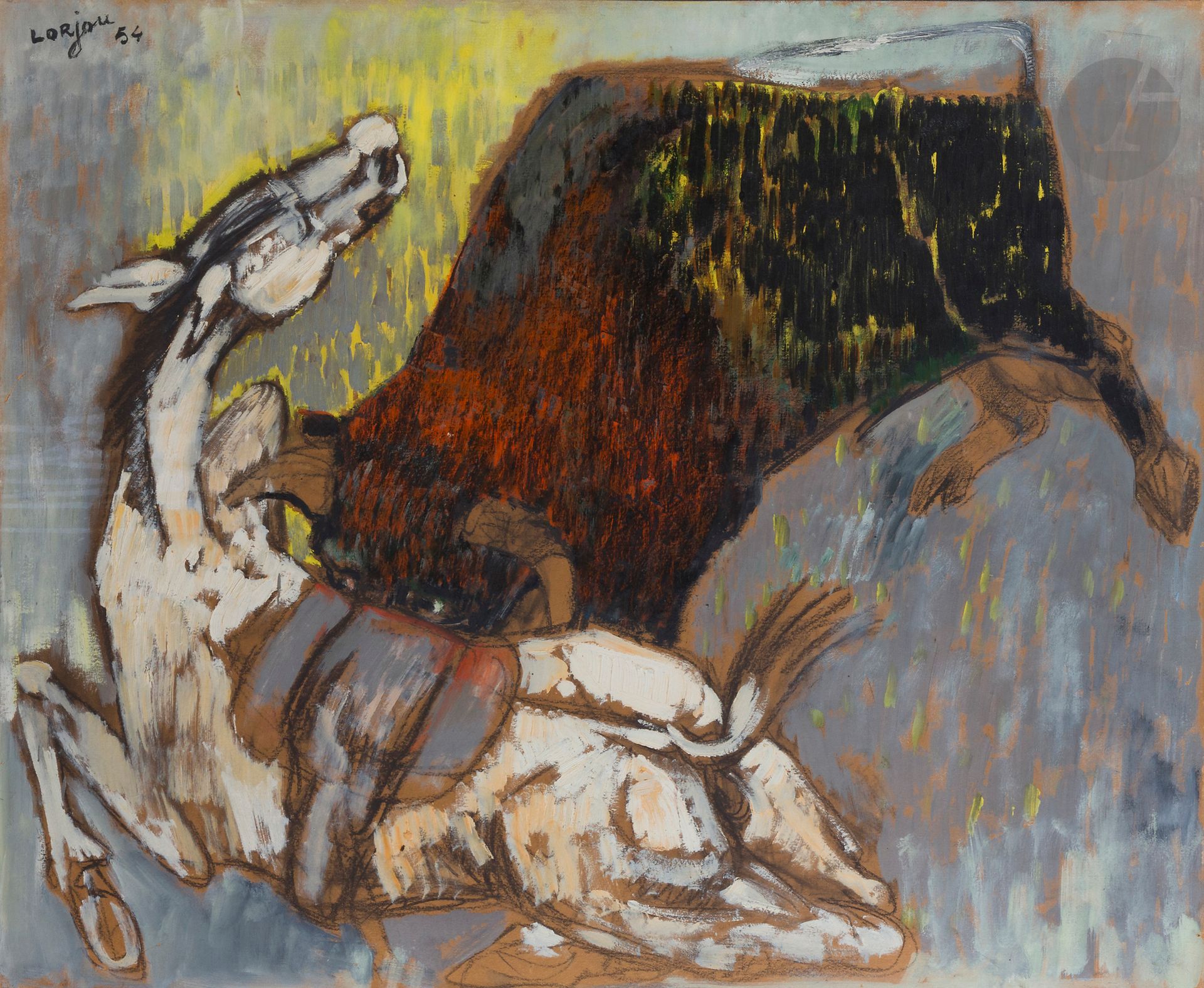Null Bernard LORJOU (1908-1986
)《马和牛》，1954年
镶木板上

的
油画。

左上角有签名和日期。
76.5 x 93 cm