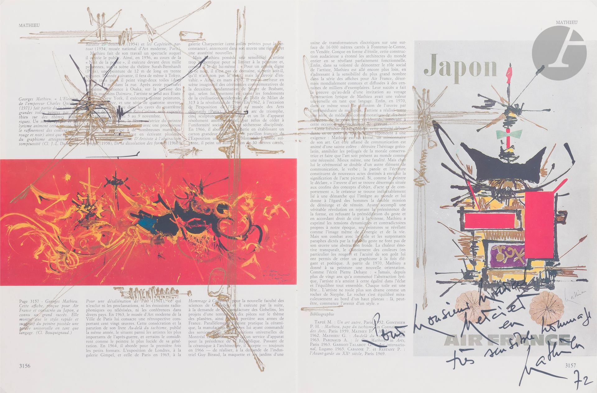 Null Georges MATHIEU (1921-2012
)构图，
1972 双页印刷品上的黑色和金色
墨水。

右下方有签名、日期和题词。
30 x 4&hellip;