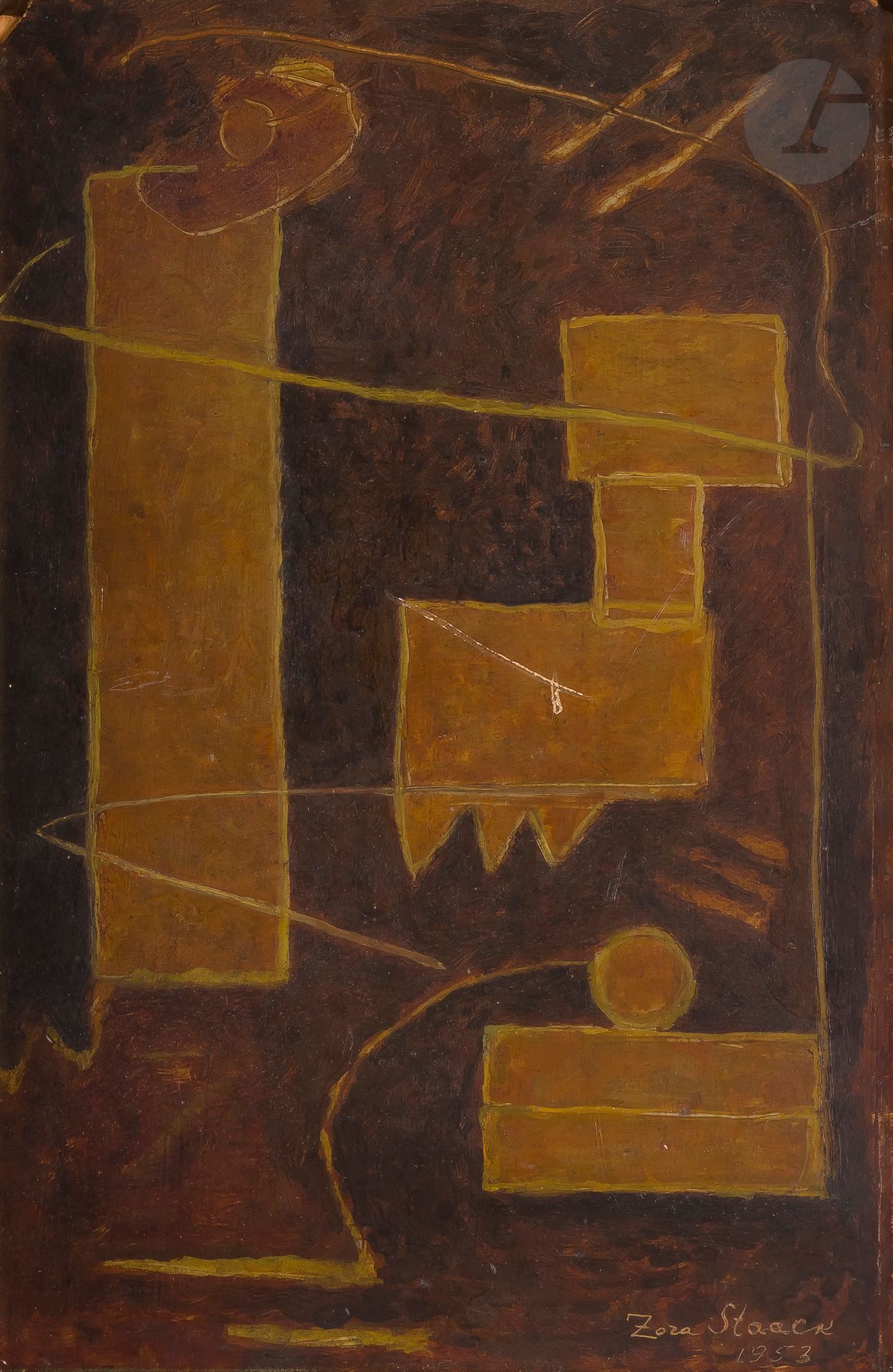 Null Zora STAACK [塞尔维亚语] (1910-2001
)构图，1953年
木板
油画
。
右下角有签名和日期
（缺少上角）。
41 x 27 &hellip;