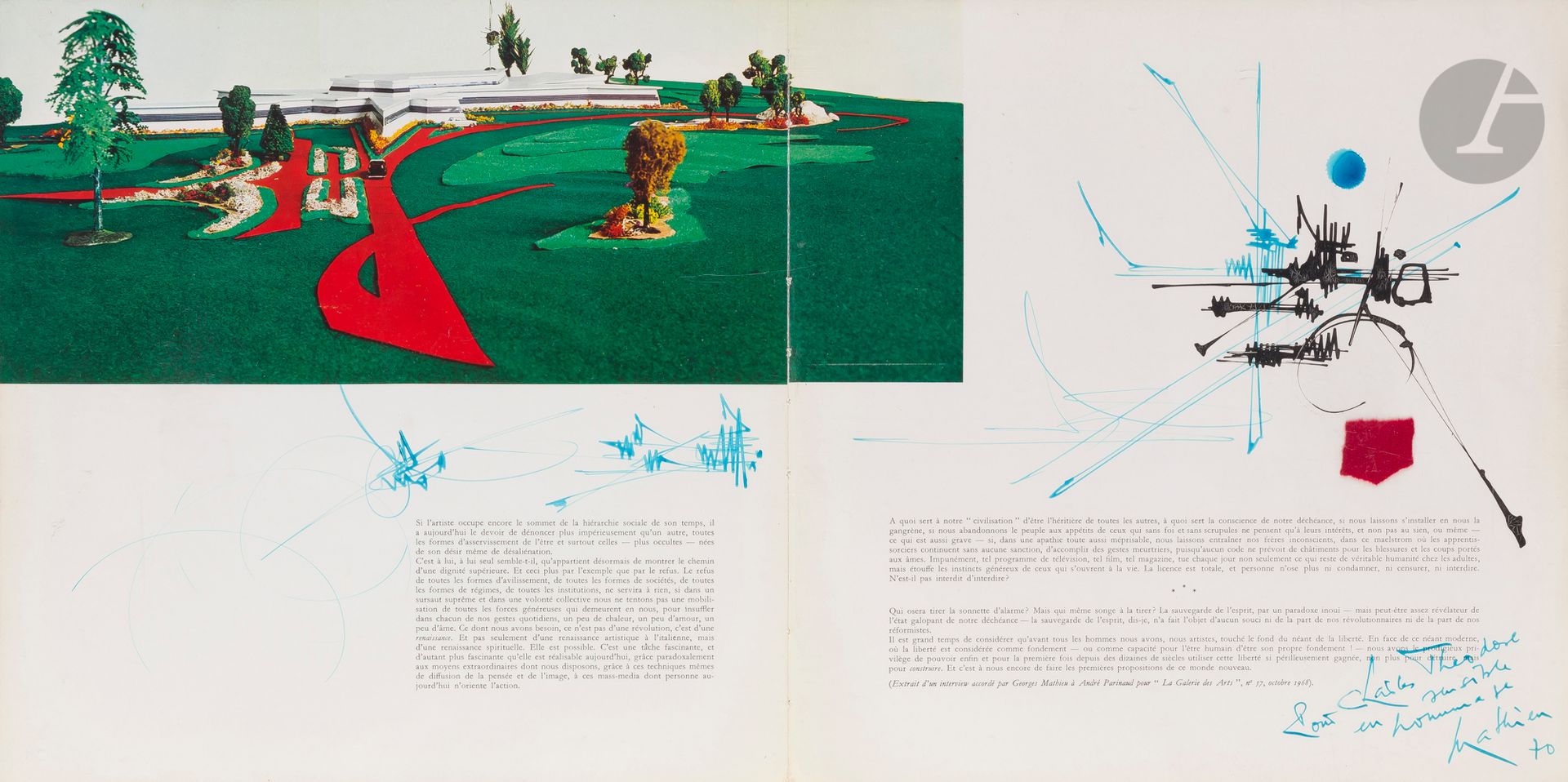 Null Georges MATHIEU (1921-2012
)作品，
1970年彩色
墨水
和毛毡拼贴在展览目录的双页上

。


右下方有签名、日期和题词&hellip;
