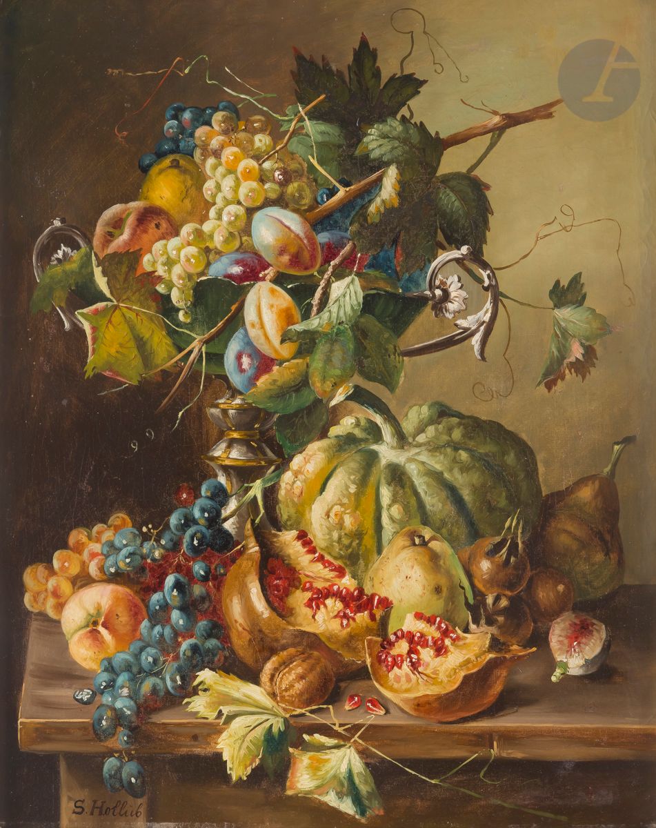 Null S.HOLLUB (19世纪)
静物，南瓜，石榴，葡萄和桃子的夹板
帆布
左下方签名
68 x 55,5 cm
(修复)