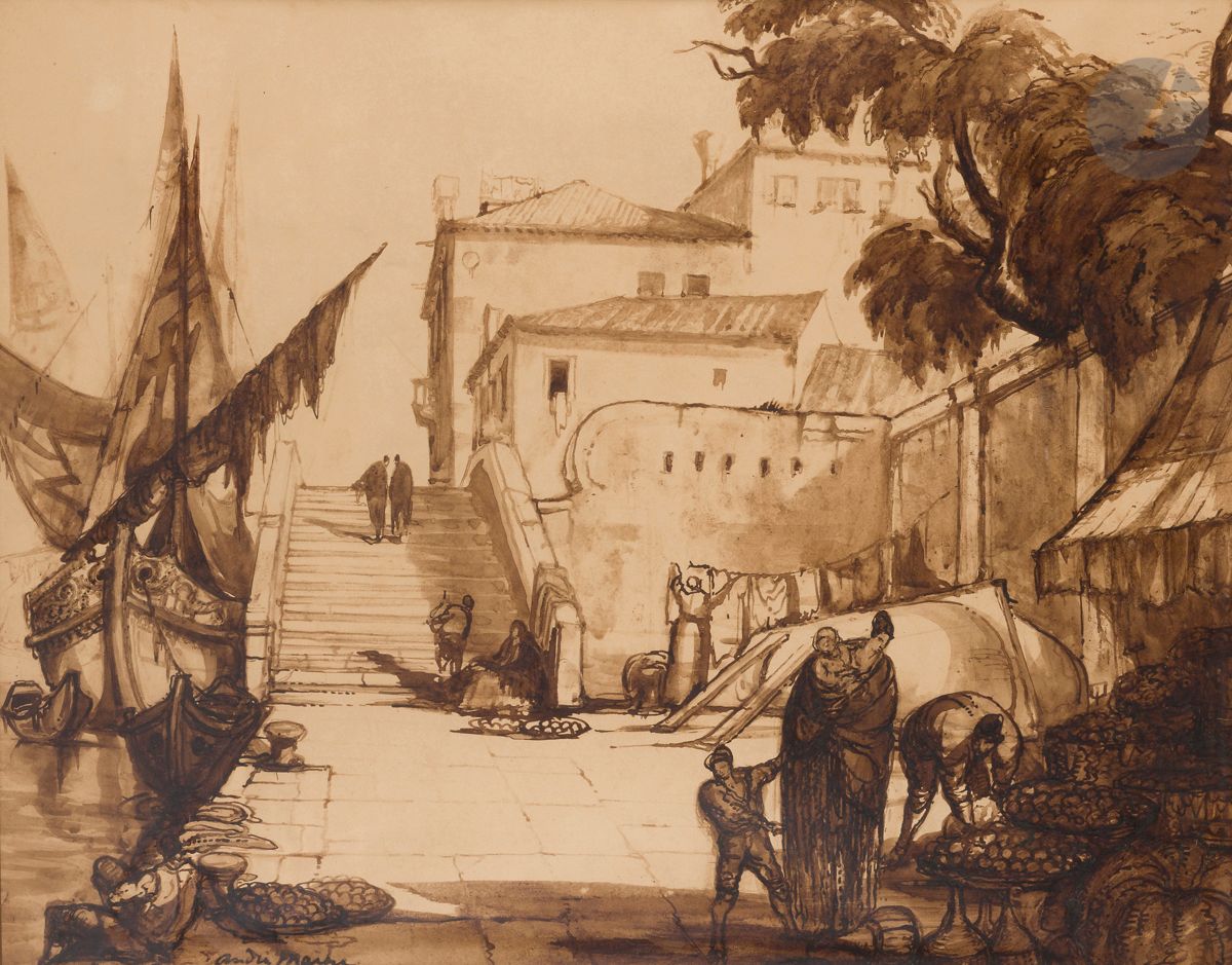Null André MAIRE (1898-1984)
威尼斯，码头上的市场
水墨画
左下方签名
55 x 72 cm