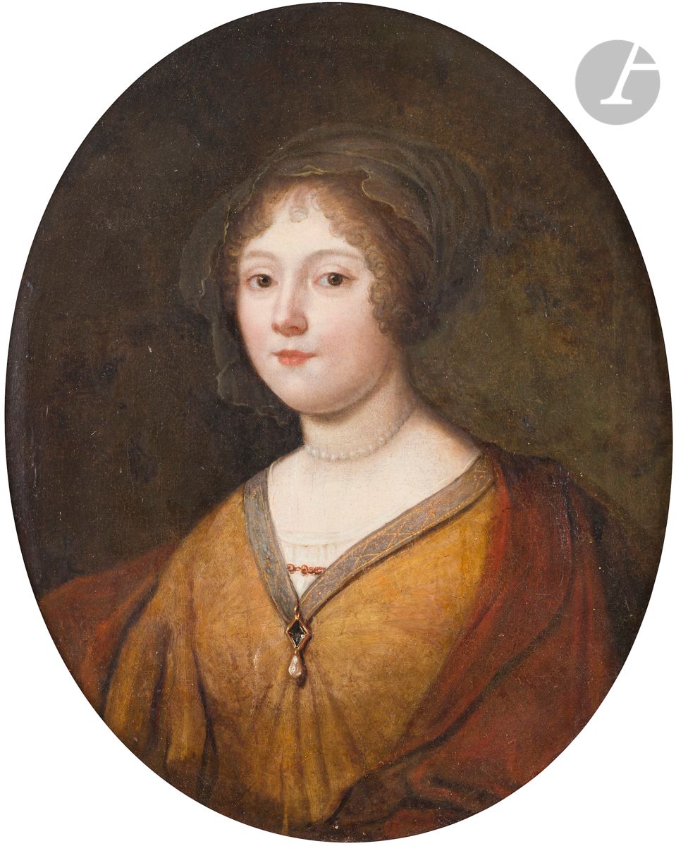 Null 17世纪荷兰学校，Gerrit van HONTHORST的随从
戴珍珠项链的女人肖像
椭圆形画布
68.5 x 58 cm
画框背面刻有 "Mme &hellip;
