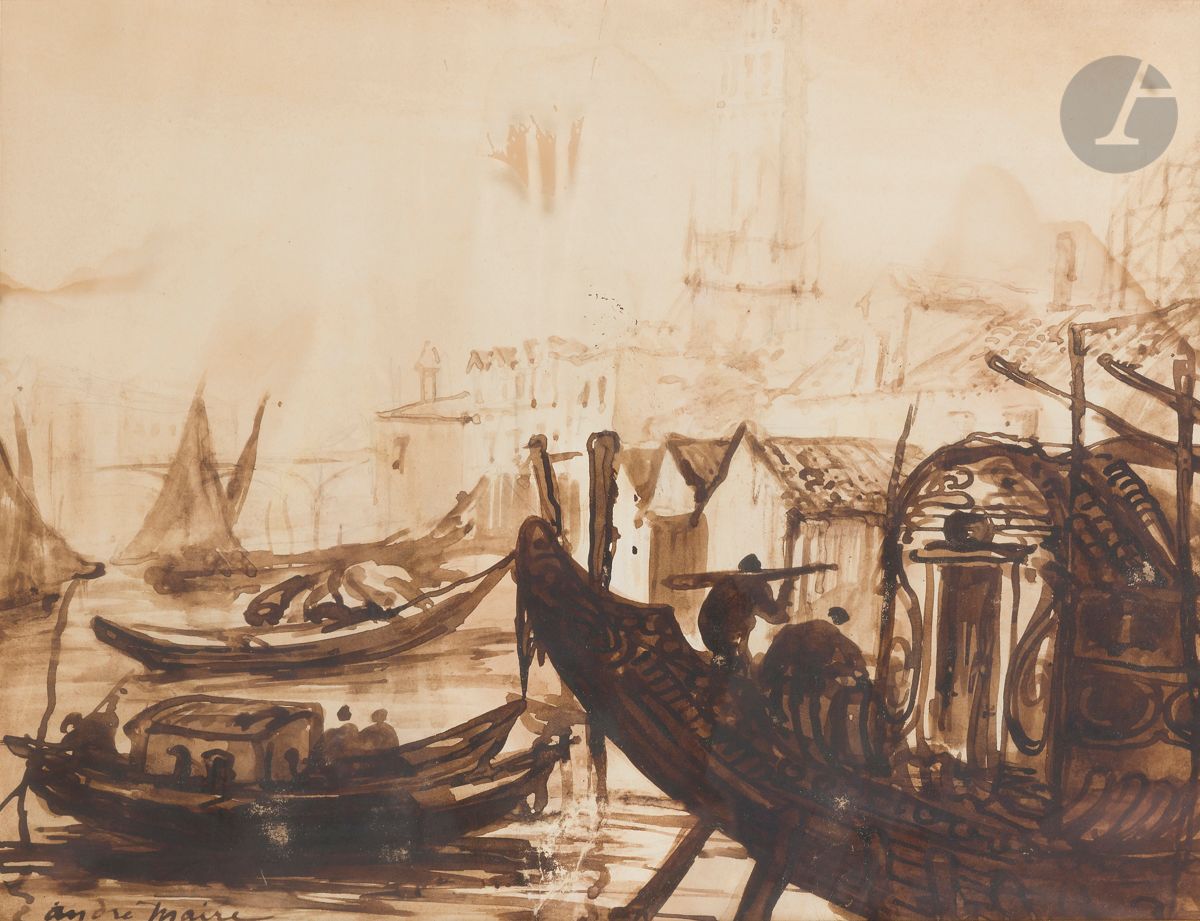 Null André MAIRE (1898-1984)
威尼斯，贡多拉
铅笔线上的水墨画
右下方签名
28 x 36 cm
(略有磨损)