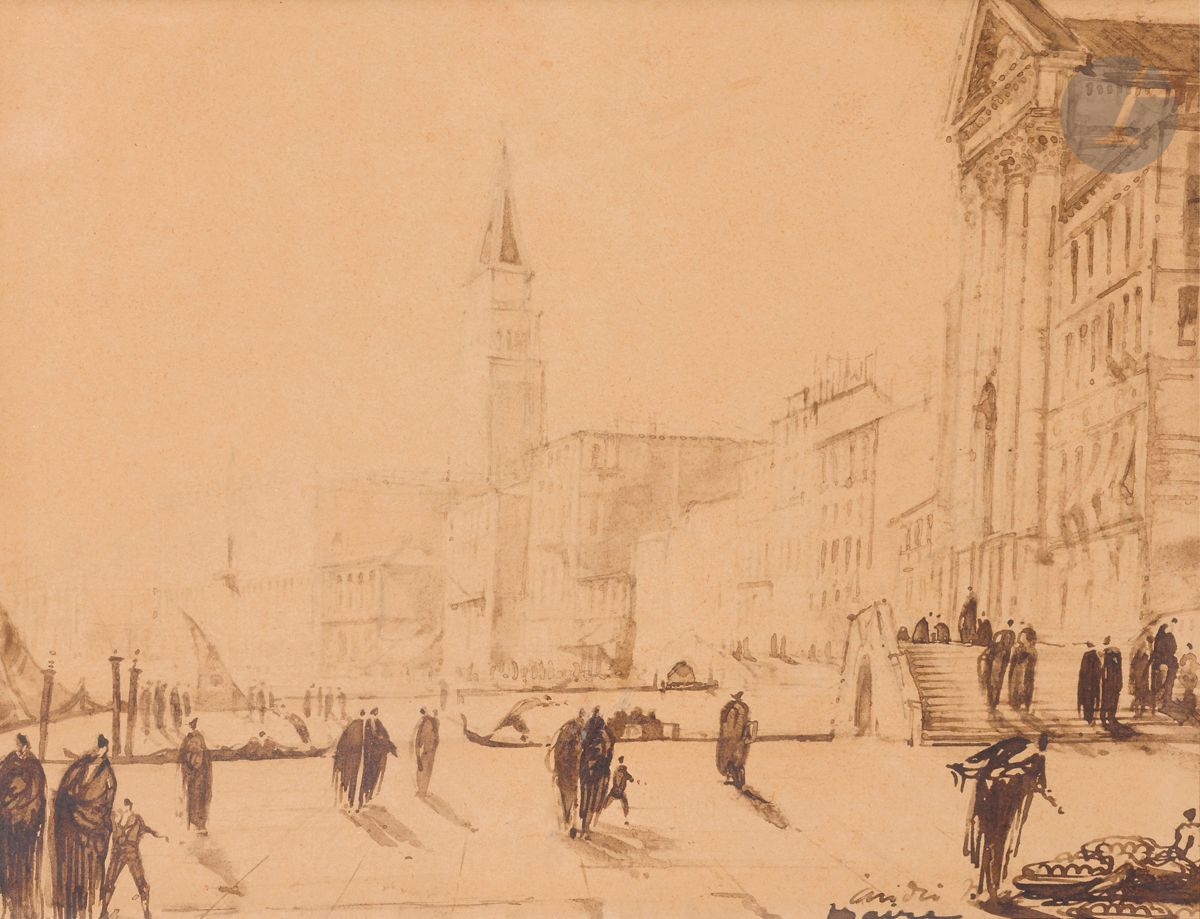 Null André MAIRE (1898-1984)
威尼斯，圣马可广场
铅笔线上的水墨画
右下方签名
26.5 x 35 cm