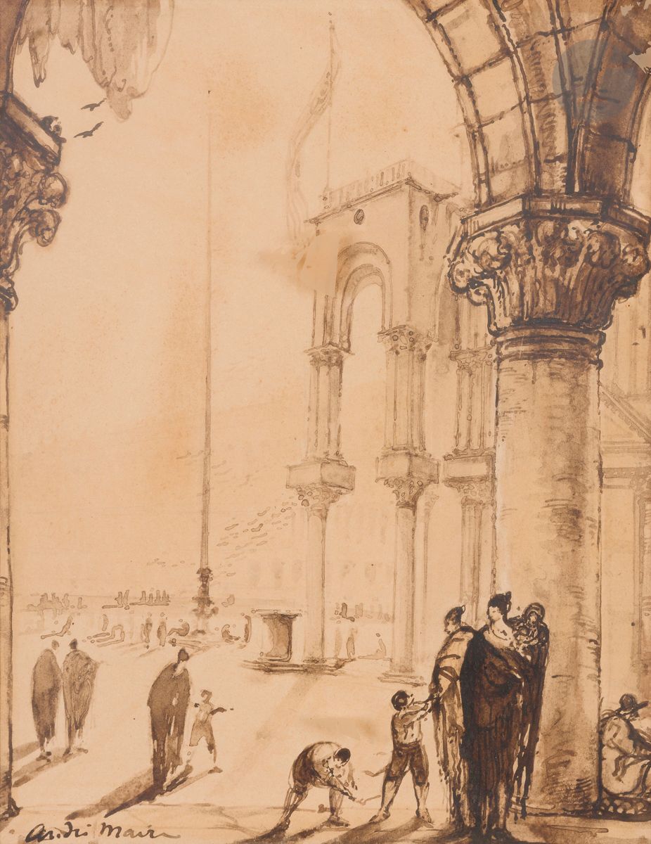 Null André MAIRE (1898-1984)
威尼斯，主广场
水墨画
右下方签名
36 x 28 cm