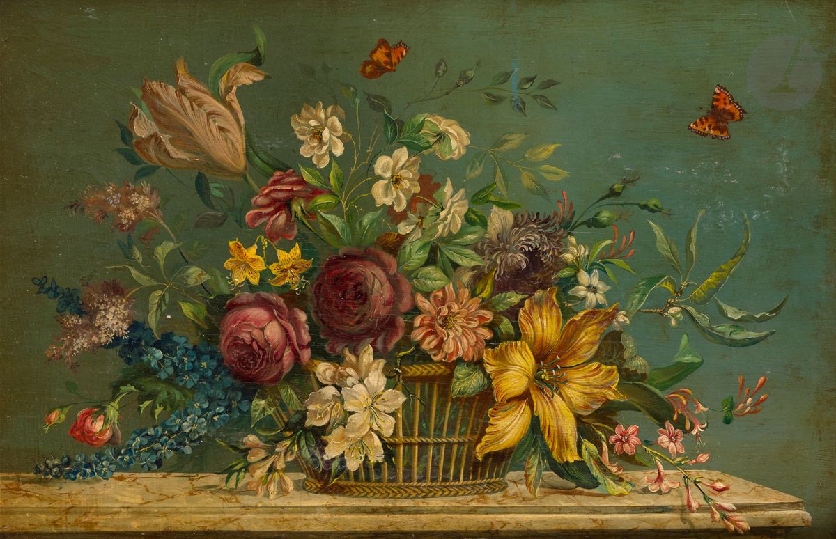 Null 20世纪初 MODERN学校
篮子里的百合花、玫瑰花、野花和蝴蝶的夹板
面板
47 x 69 cm