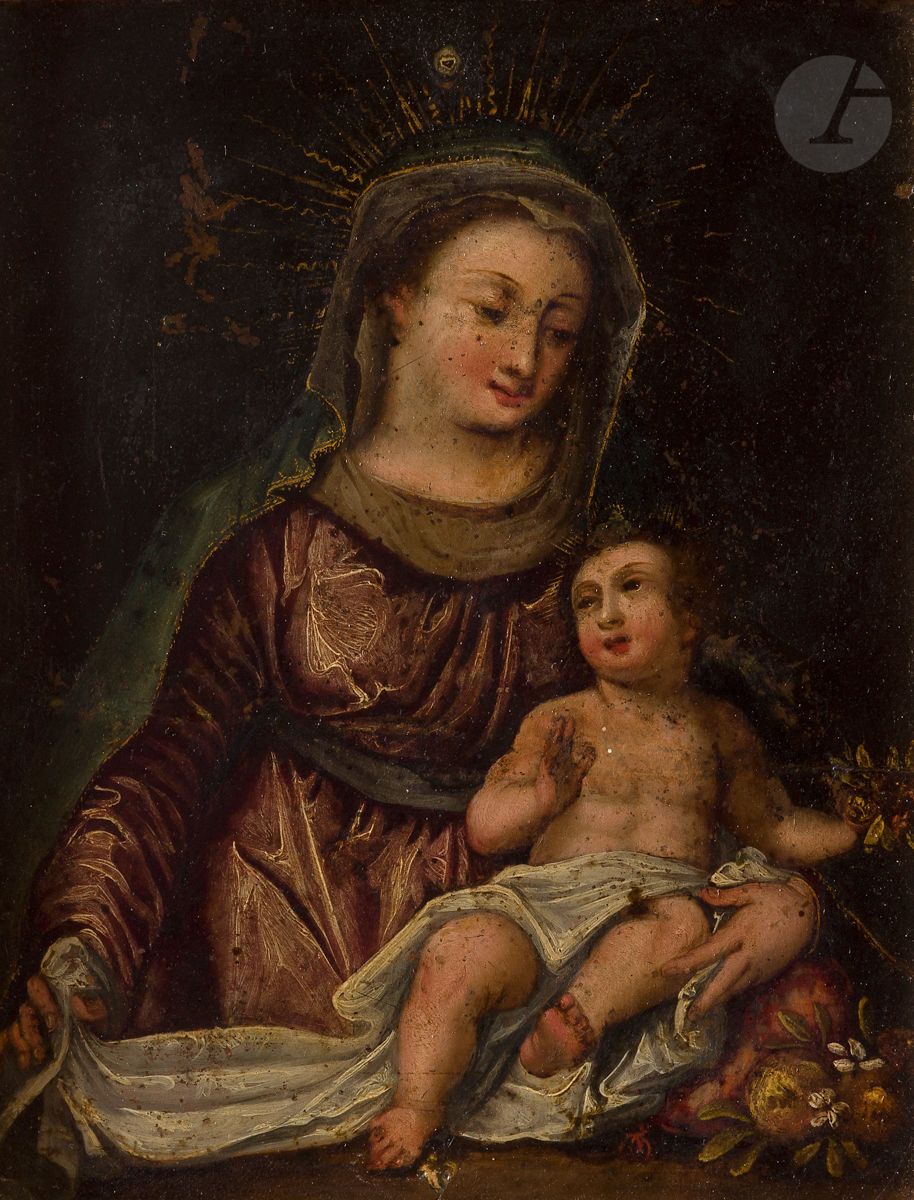 Null XVII secolo SCUOLA SPAGNOLA
Vergine e Bambino
Rame intarsiato
17,5 x 14 cm
&hellip;