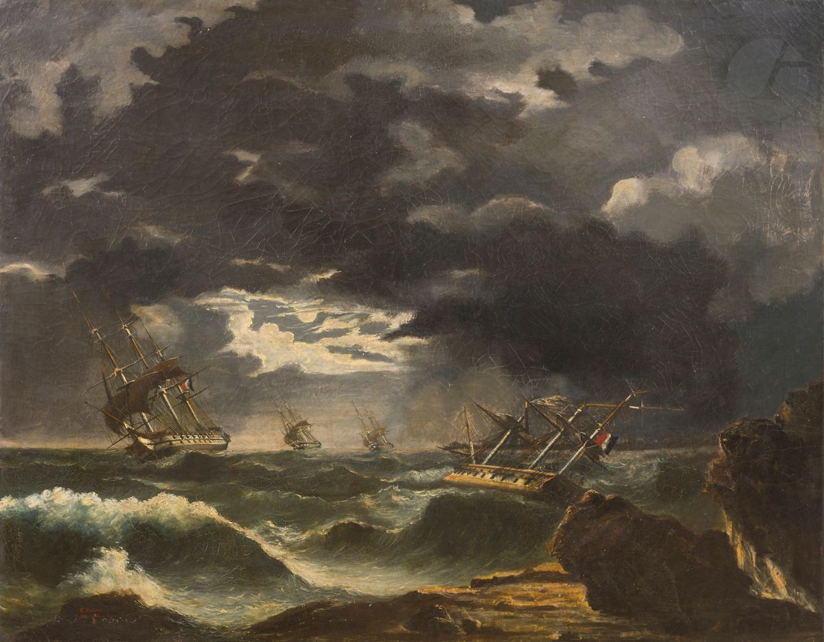 Null Charles-Chéri DUBREUIL
(? 1828 - 约1880)
海岸附近的法国船只
帆布
左下方有签名、日期和位置："C.Dubreu&hellip;