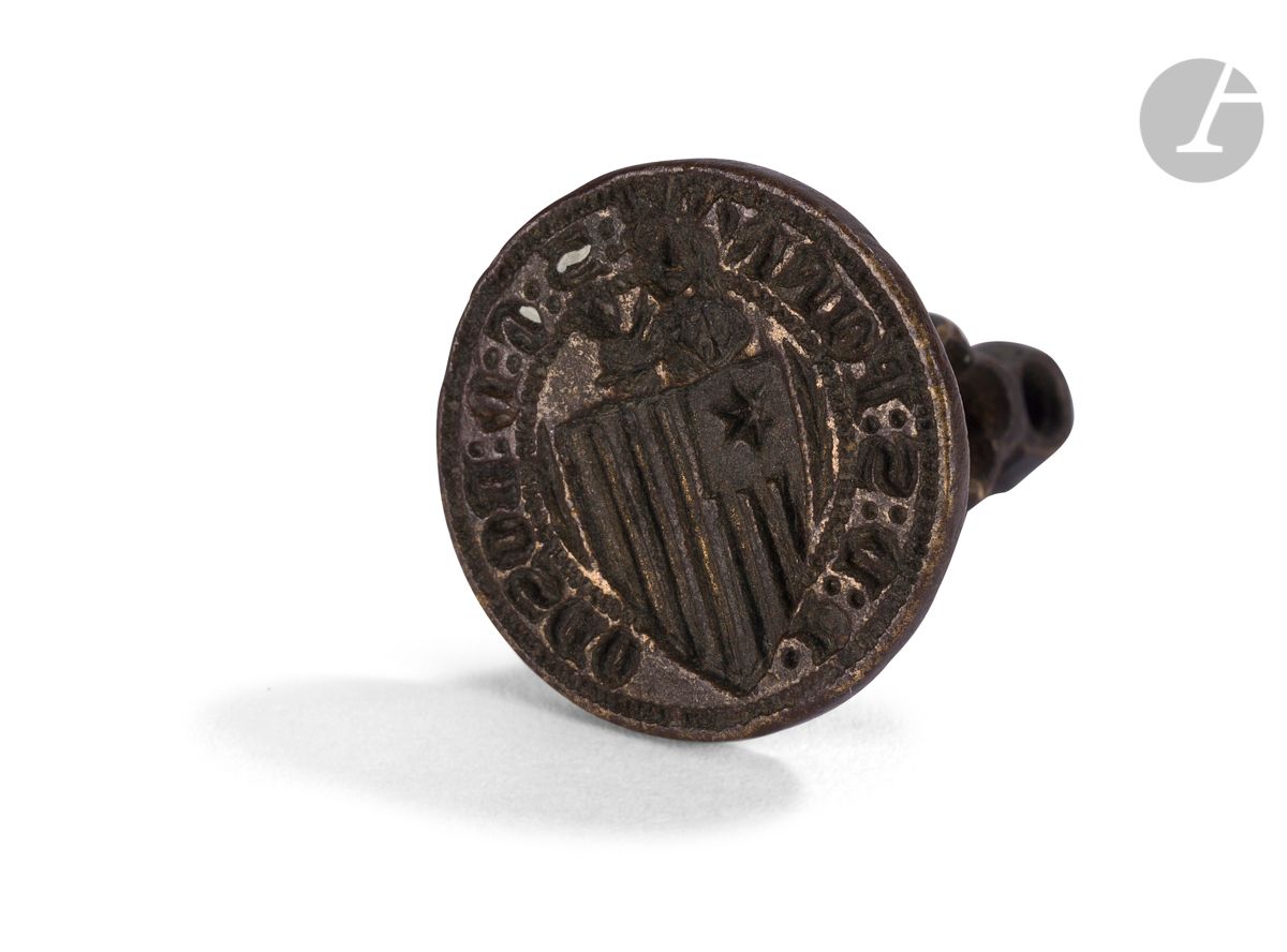 Null Matriz de sello de bronce de forma circular, escudo palé con cantón franco &hellip;
