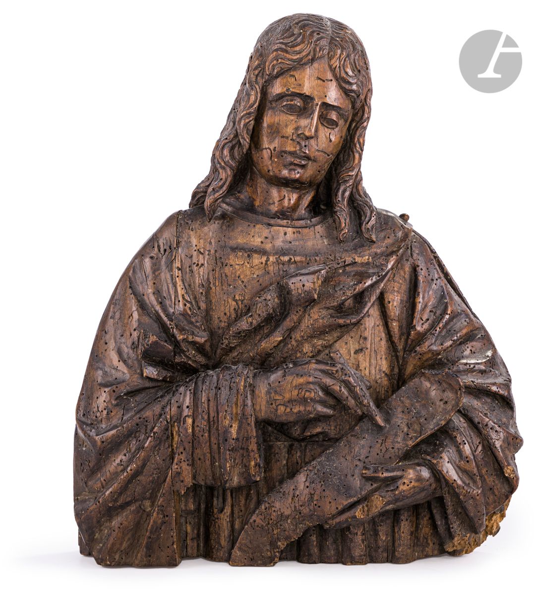 Null Büste des Heiligen Johannes aus geschnitztem Holz mit Applikationen.
Süddeu&hellip;