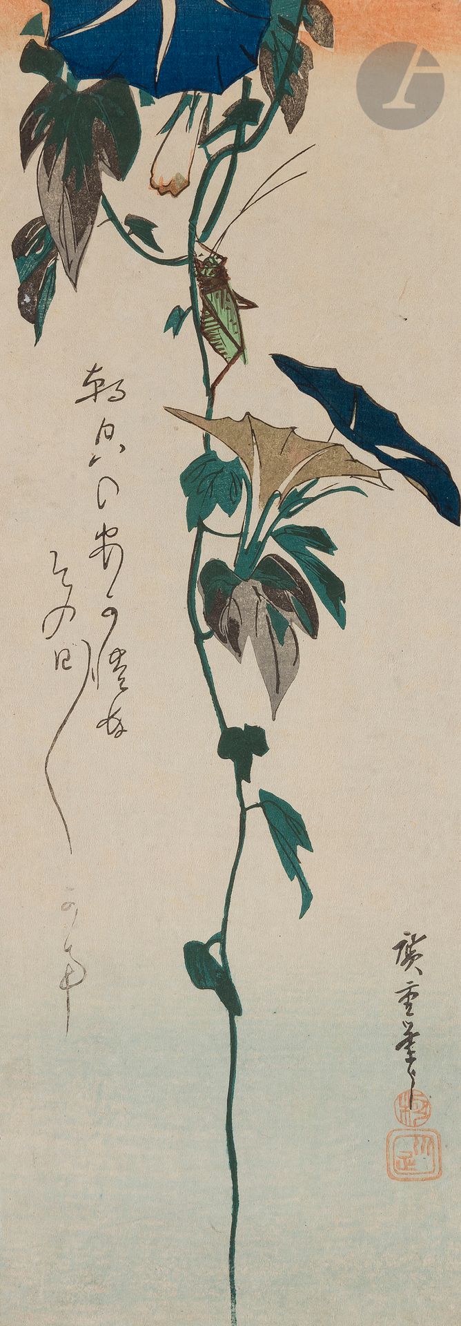 Null 宇多川广重（1797-1858），
日本西池e
版画
，纸上墨和多色，chû tanzaku格式。蚱蜢和伏羲，asagao ni kirigirisu&hellip;