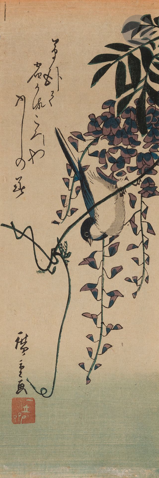 Null 宇多川广重（1797-1858），日本，约
1835/1845西池e
版画
，纸上墨和多色，ai tanzaku格式。一只小鸟在成串的紫藤花fuji &hellip;