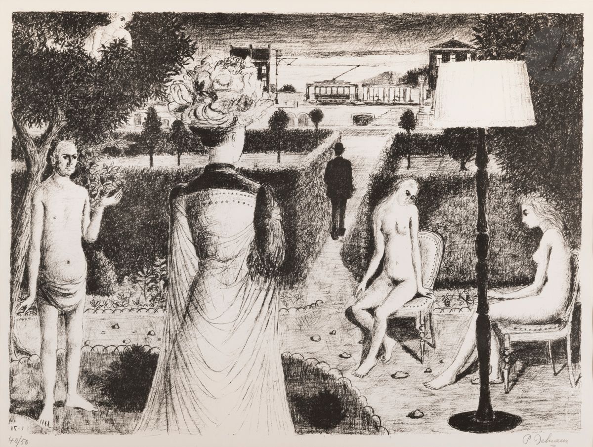 Null Paul Delvaux (1897-1984
)The Garden. 1971. 
Lithograph. Sight : 59 x 78 cm.&hellip;