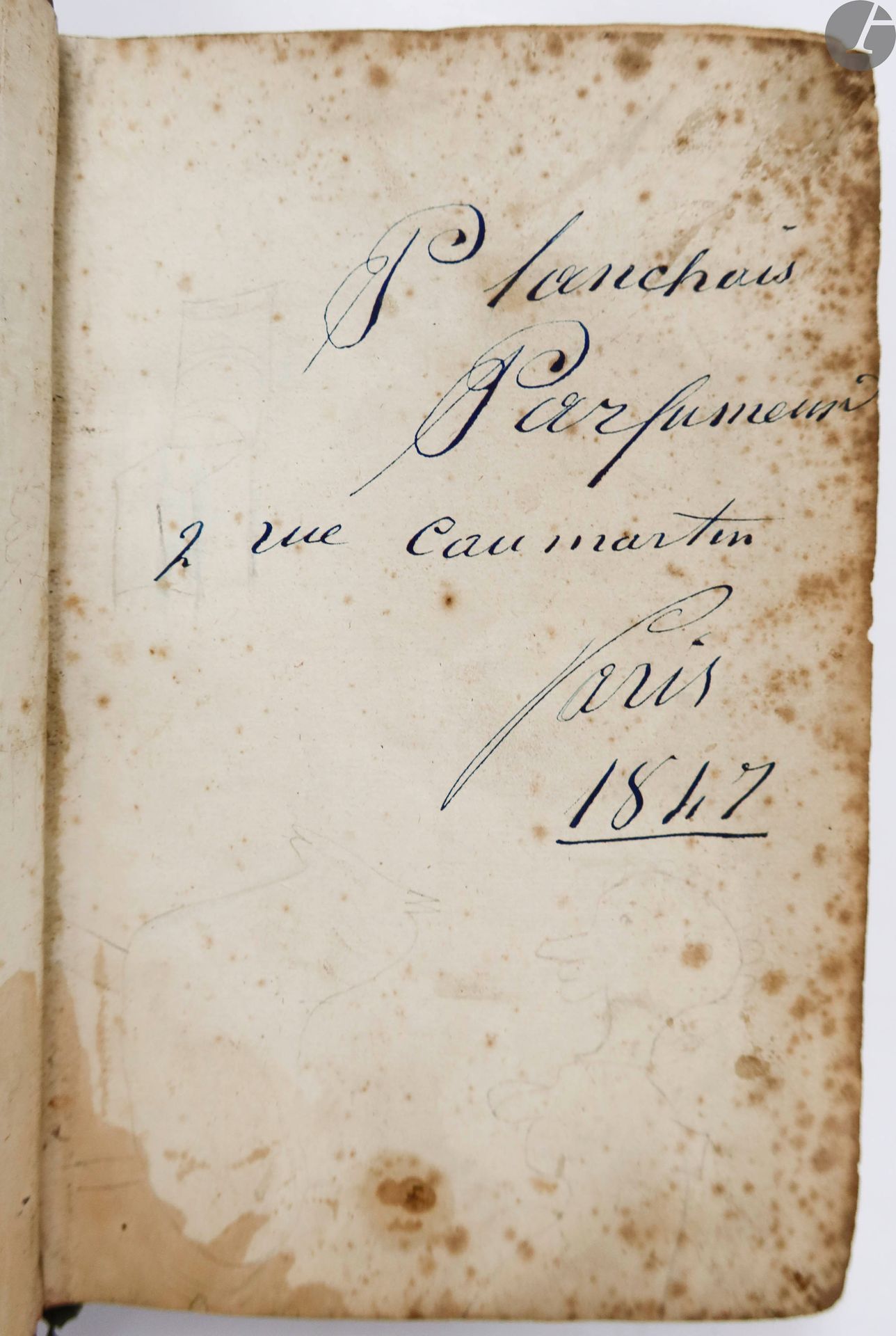 Null [Perfumery] - Planchais。
香水的配方书。
[巴黎：1850年及其后几年]。- 12开本的手稿，半棕色小牛皮，板上有鎏金边，光滑&hellip;
