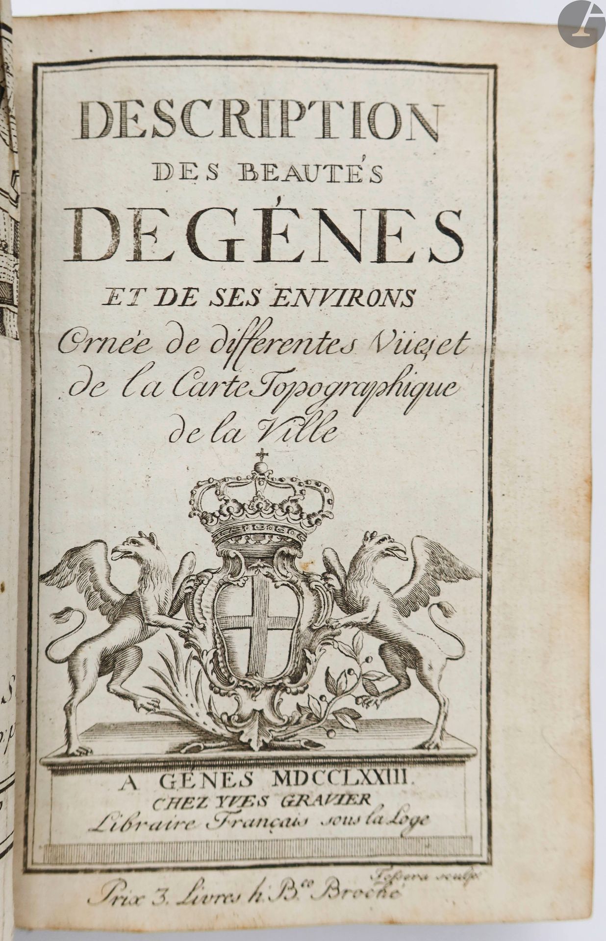 Null [GENOA].
描述热那亚及其周边地区的美景。
热那亚: Yves Gravier, 1773。- 12开本，硬羊皮纸，光滑的书脊，有斑点的边缘（时&hellip;