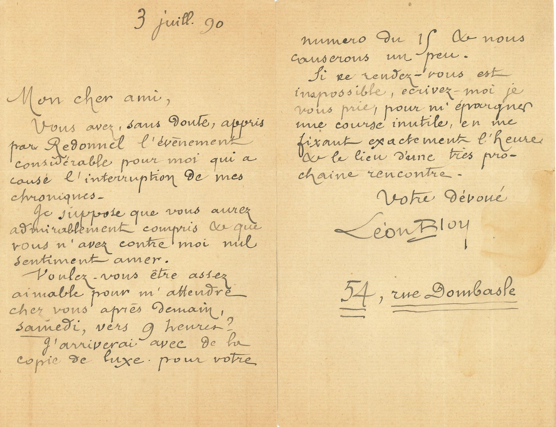 Null Léon BLOY. L.A.S., 3 luglio 1890, a Léon Deschamps; 2 pagine in-8, busta.

&hellip;