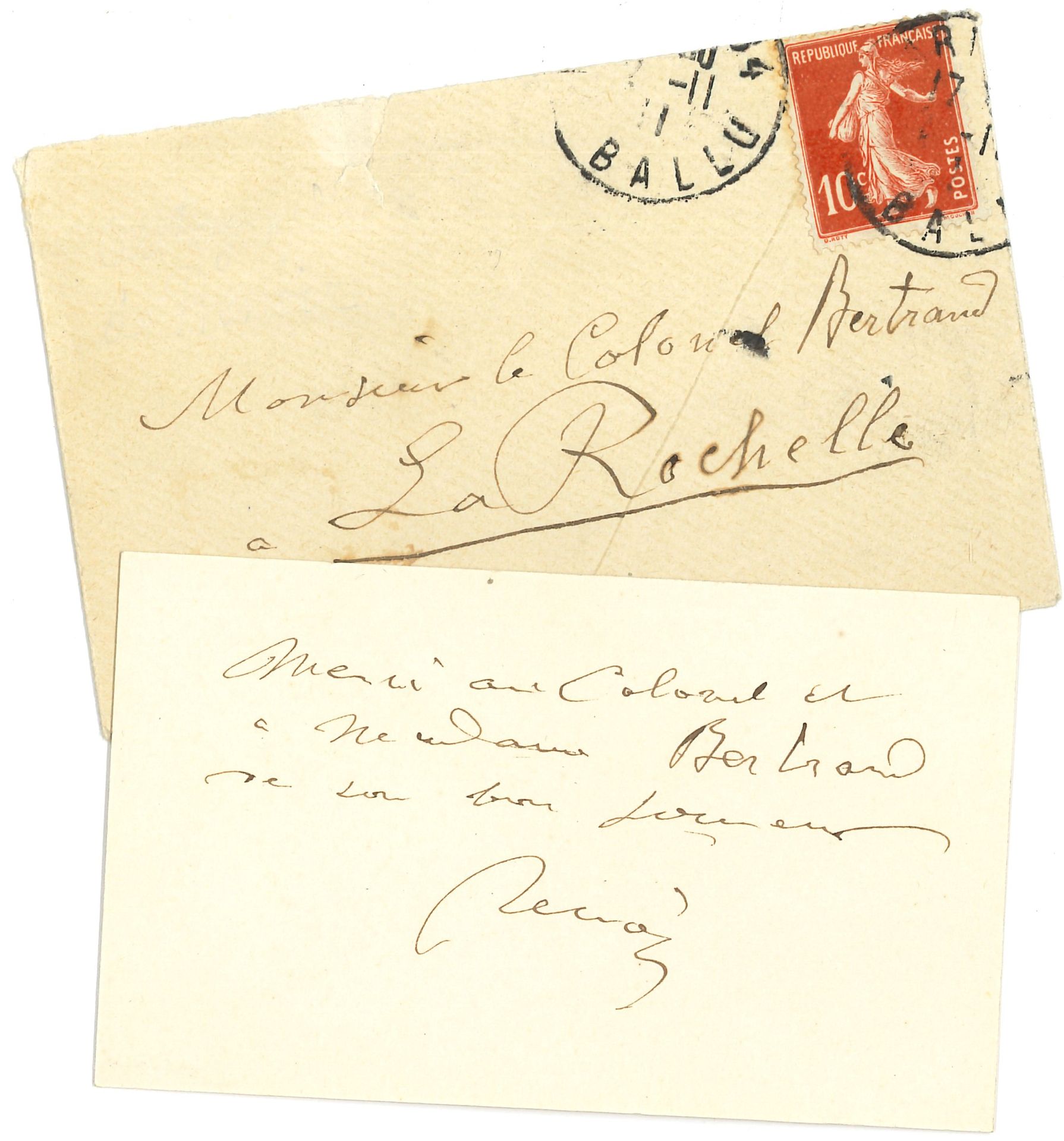 Null 奥古斯特-雷诺尔（1841-1919）。L.A.S., [Paris XI.1911], 致拉罗谢尔的贝特朗上校；长方形卡片24号，亲笔签名的信封。
&hellip;