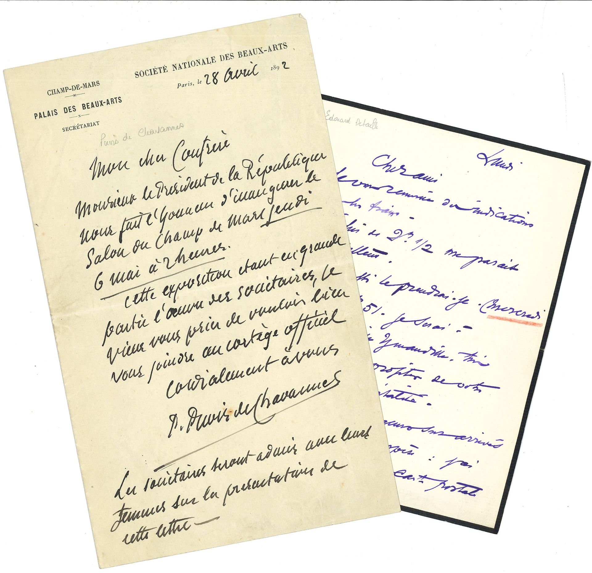 Null 皮埃尔-普维斯-德-夏凡尼斯（1824-1898）。L.A.S.，巴黎，1892年4月28日，致一位同事；1页8开，印有国家美术协会的信纸。

 "共&hellip;
