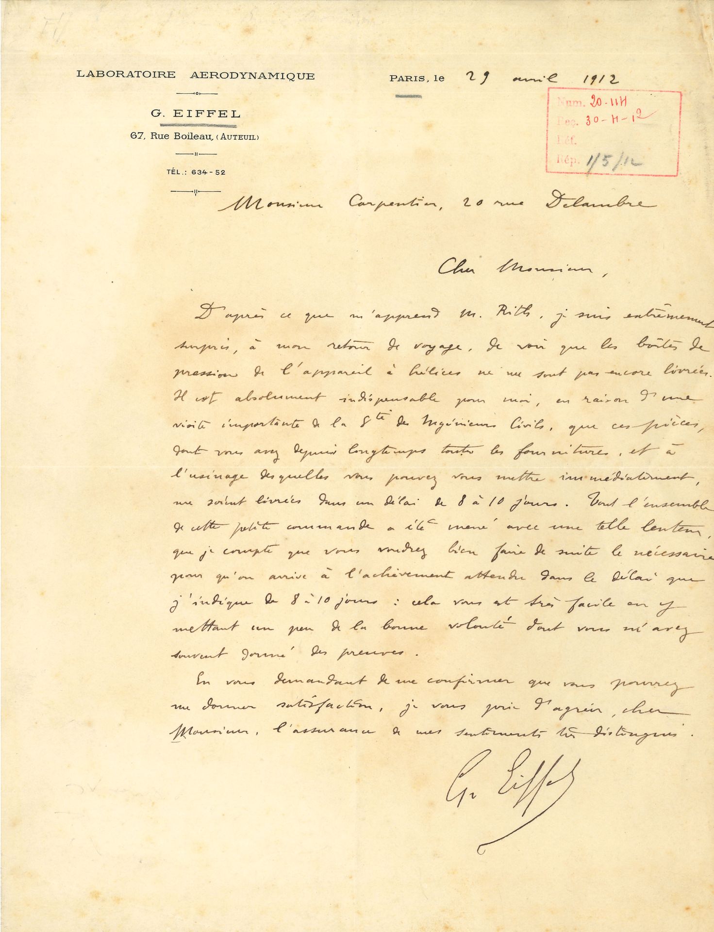Null Gustave EIFFEL. L.S., Paris April 29, 1912, to M. Carpentier; 1 page in-4, &hellip;