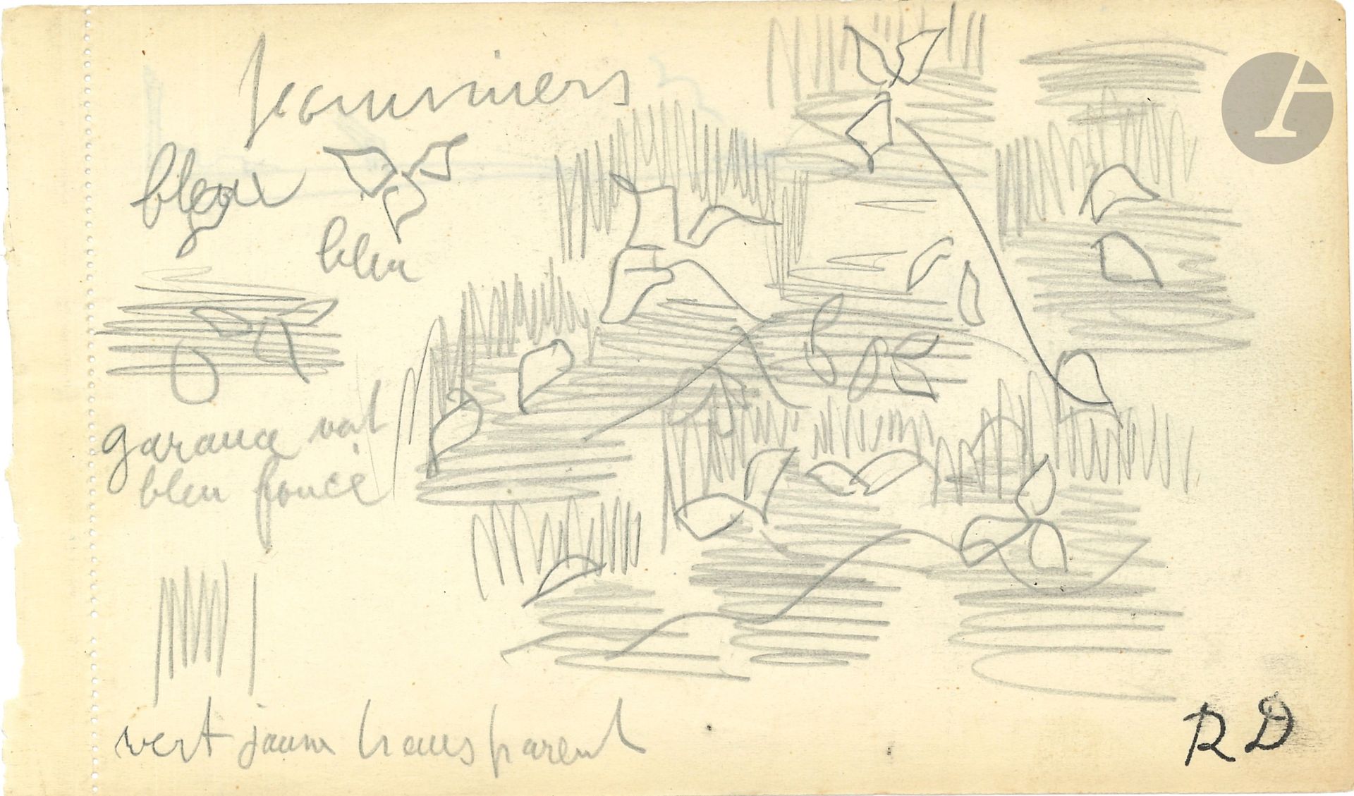 Null 拉乌尔-杜菲（1877-1953）。带有亲笔笔记的绘图；石墨，10.6 x 17厘米，工作室印章RD。

从笔记本上摘录的片断：花卉研究，有注释："蓝&hellip;